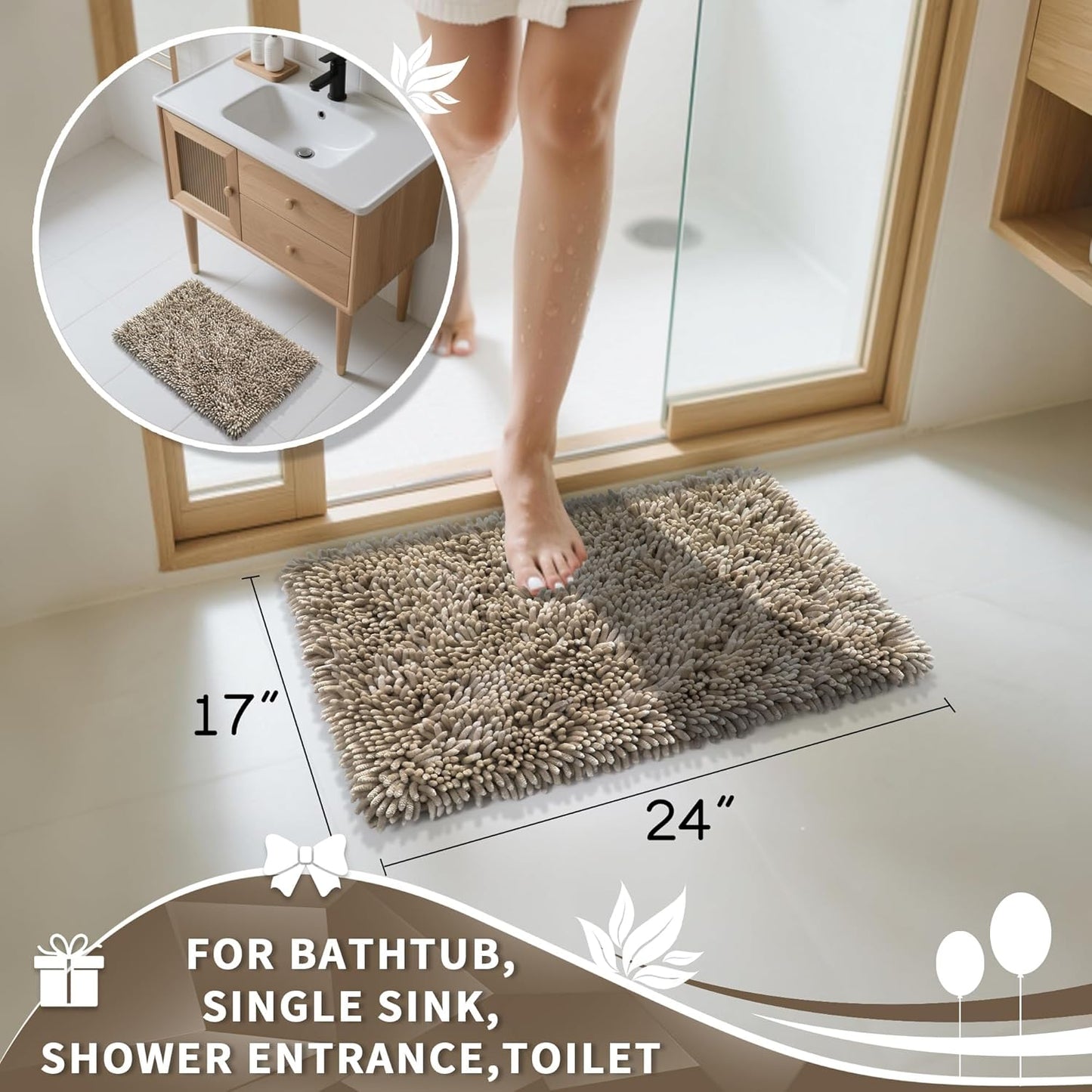 Yimobra Chenille Bathroom Rugs Non Slip, Extra Thick Soft Absorbent Bath Rug, Machine Washable Quick Dry Bath Mat for Bathroom Floor, Tub and Shower, Home Decor Accessories, 24x17, Camel