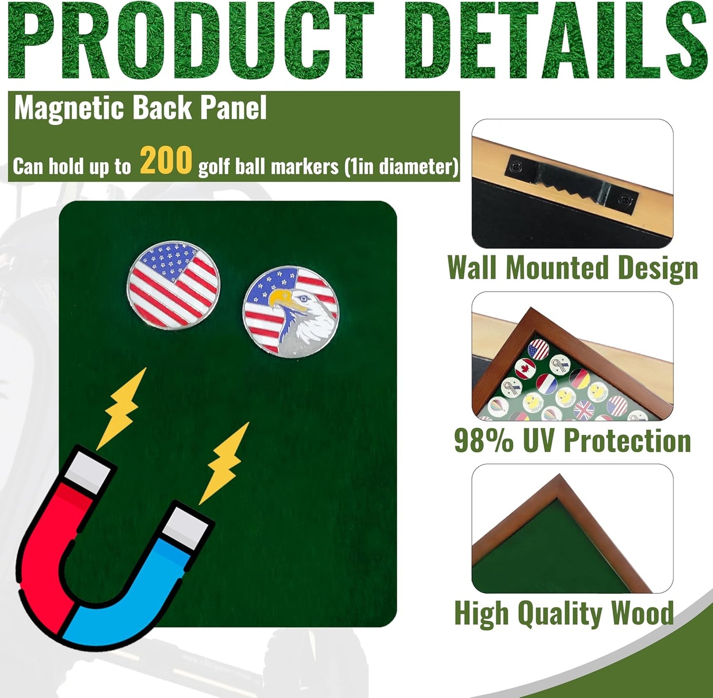 100 Golf Ball Marker Display Case Magnetic 15.5" W x 16.5" H Wall Mounted Ball Marker Display Frame Shadow Box Acrylic Cover Magnetic Back Panel Suitable for Collecting Golf Ball Marker