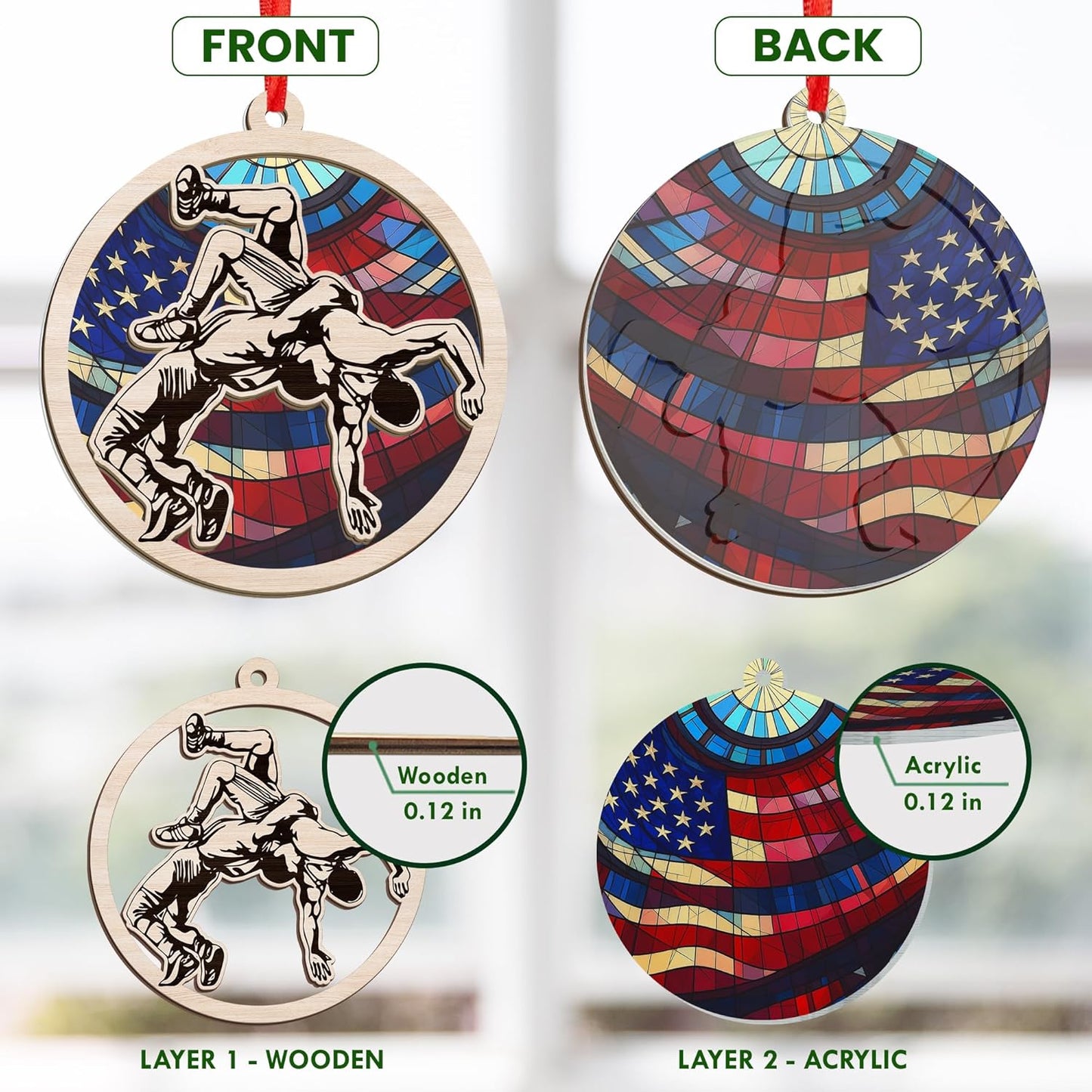 FLAGWIX Christmas Wrestling Gifts for Teen Boys - Suncatcher Christmas Ornaments 2025 Tree Decorations - Wrestling Ornaments for Tree, Sports Gifts for Men Boy 12-14, Sports Ornament, Coach Gift Ideas