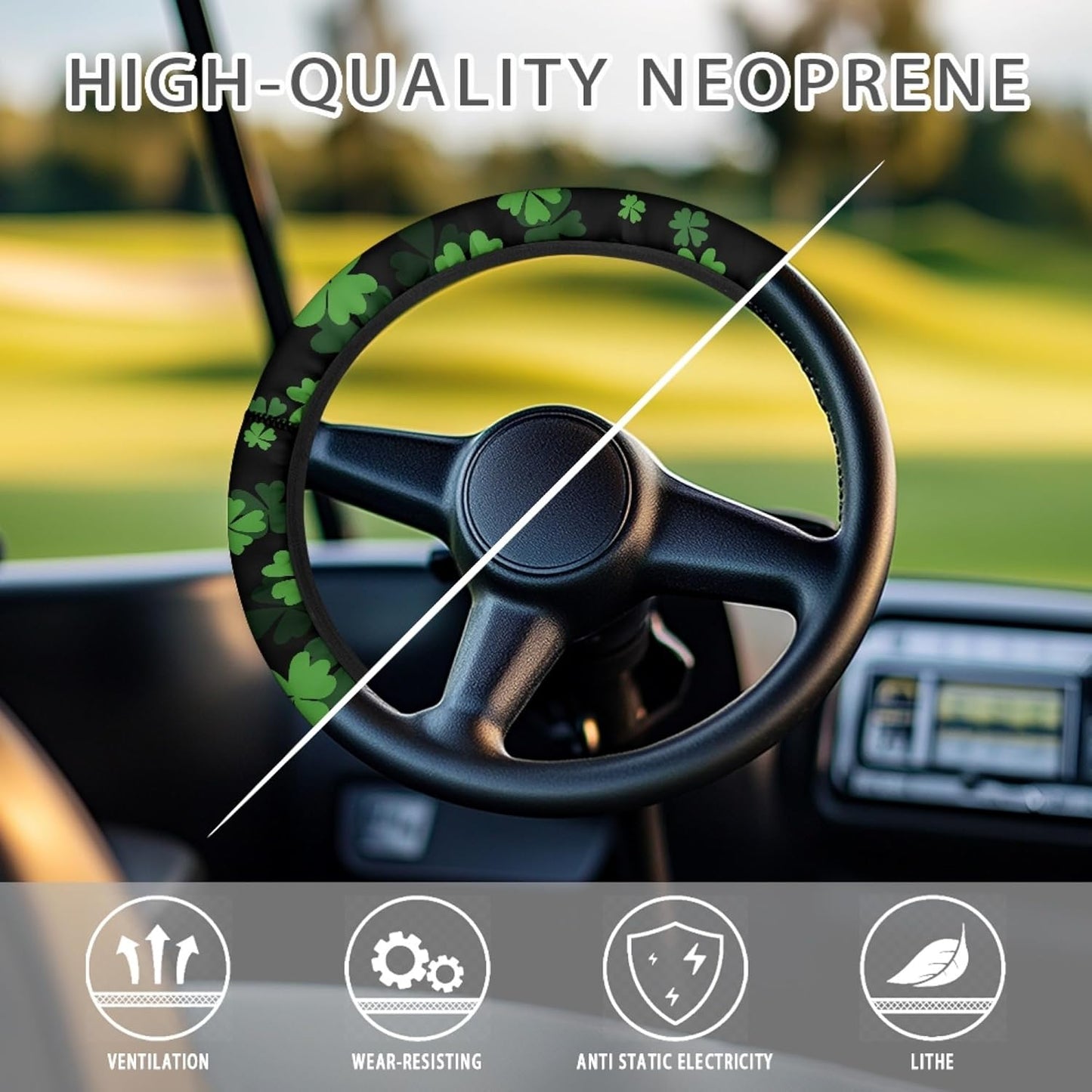 St. Patrick's Day Golf Cart Steering Wheel Protector Cover Green Leaves Golf Cart Steering Wheel Covers Fit 13-14 Inch Car Steering Wheel Covers for Club Car Decor