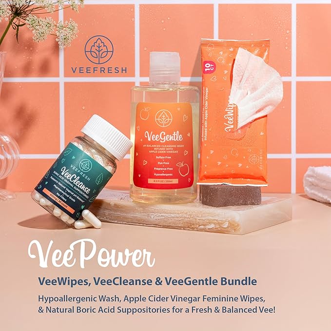 VeeFresh - VeePower Feminine Care Bundle of 3 - VeeCleanse Boric Acid Suppositories, VeeGentle Feminine Wash for Women and VeeWipes Gentle Vaginal Wipes for Optimal Vaginal pH Balance and Odor Control