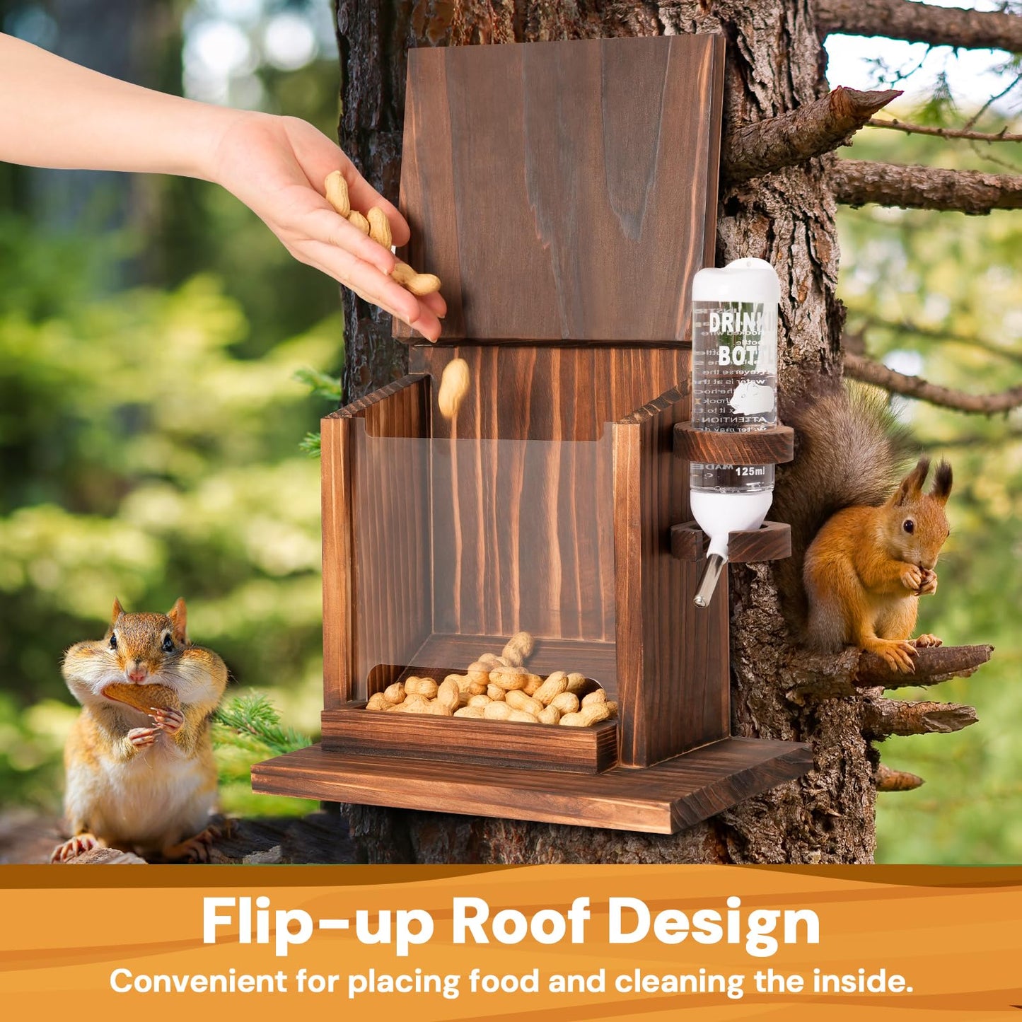 Squirrel Feeder, Squirrel Picnic Table Feeder with Water Feeder, Wooden Squirrel Feeders for Outside, Squirrel House for Corn Peanut