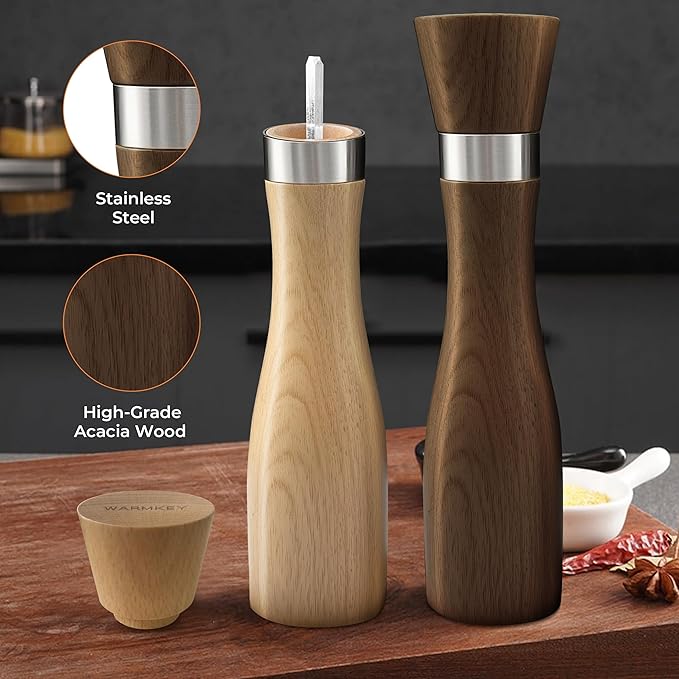 Solid Beech Wood Salt & Pepper Grinder 5PC Set, 9.25inch Manual Mills with Tray & Wooden Spoons, Adjustable Coarseness Ceramic Core,Refillable Non-Slip Base for Kitchen Countertop Dining Decor