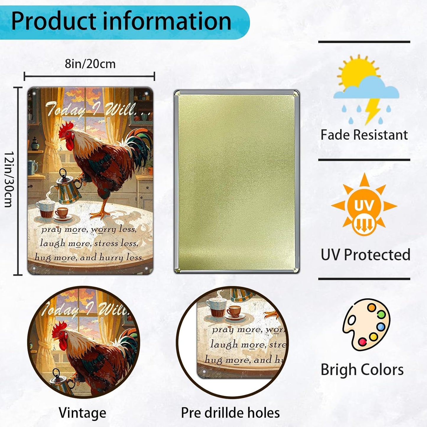 Chicken Sign Rooster Kitchen Decor Today I Will Pry More Worry Less Metal Sign Poster 12x8 Inch Home Kitchen Offce Cafe Coffee Are Farm Wall Decor