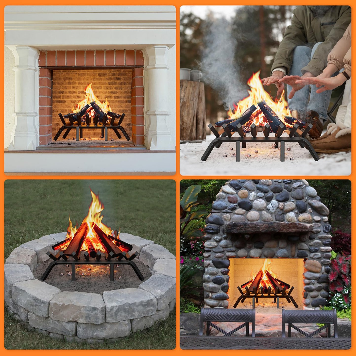 Jusgym Fireplace Grate 24 Inch with 8 Support Legs, Solid Steel Heavy Duty Fireplace Log Holder with Fire Log Tongs & Fire Poker, Fireplace Log Grate for Indoor Fireplace and Outdoor In-ground Firepit