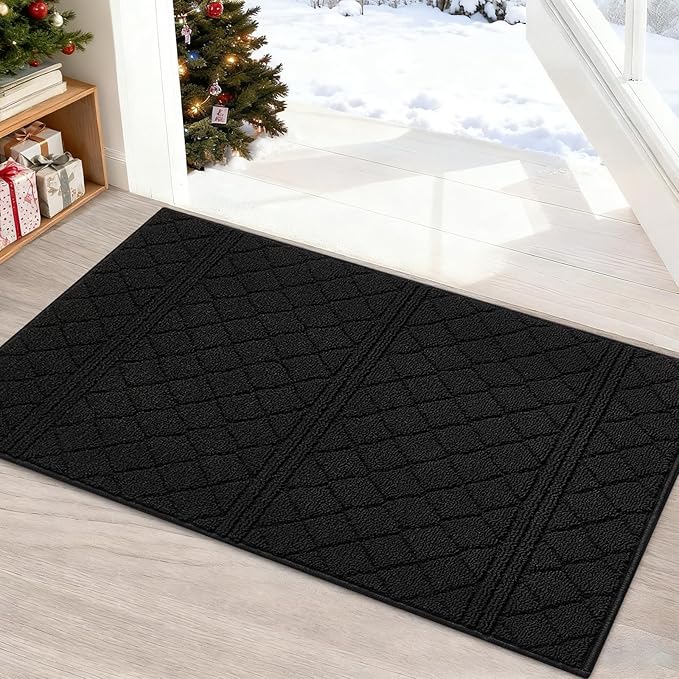 REFETONE Indoor Doormat, Front Back Door Mat 20"x32" Absorbent Rubber Backing Non Slip Door Mats, Low-Profile Resist Dirt Entrance Rugs, Machine Washable Door Rugs Inside Floor Mat for Entryway, Black