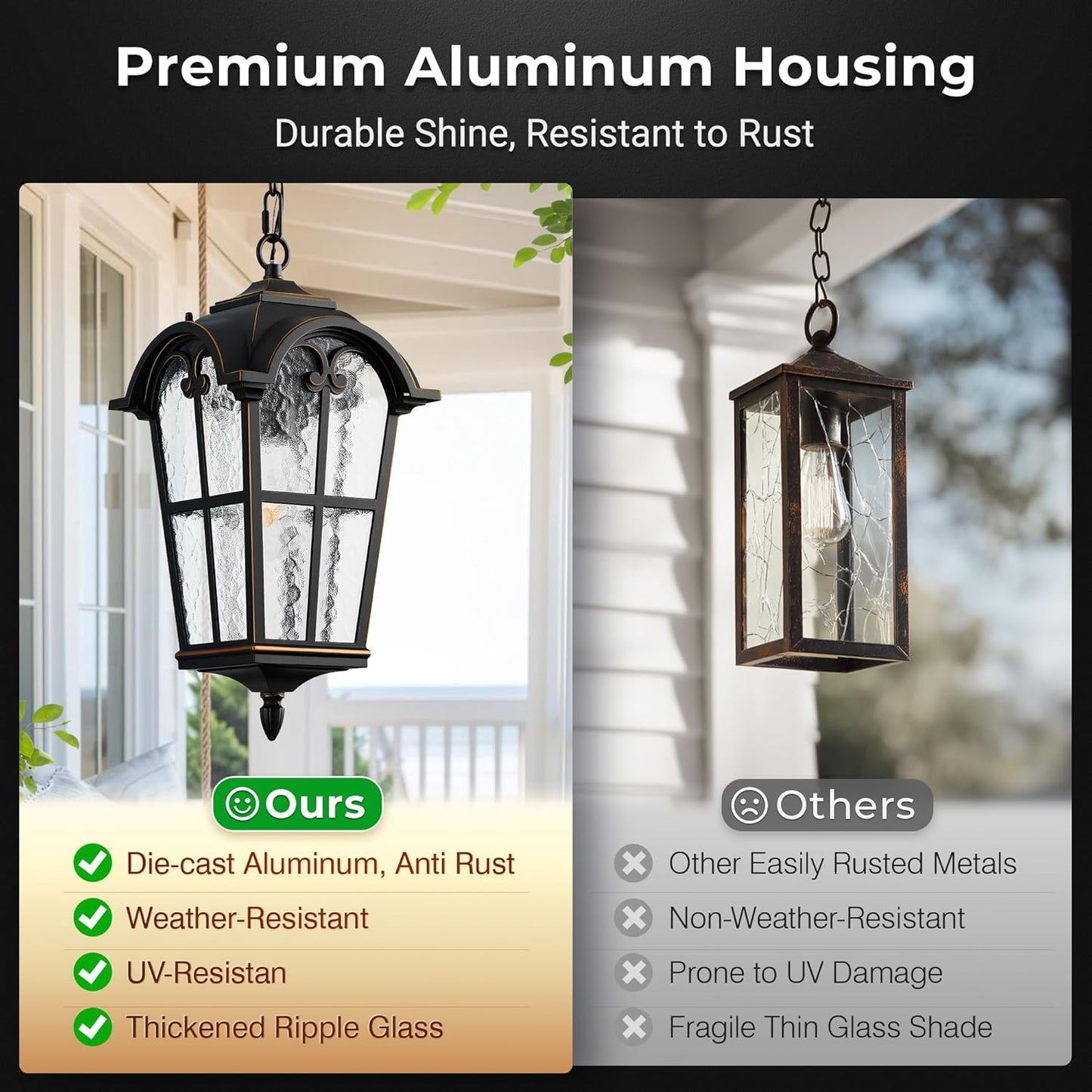 VIANIS Black Large Outdoor Pendant Light, Vintage Outdoor Chandelier with Gold Trim, Outside Hanging Light for Porch, Doorway, Entryway, 100% Aluminum, Anti-Rust