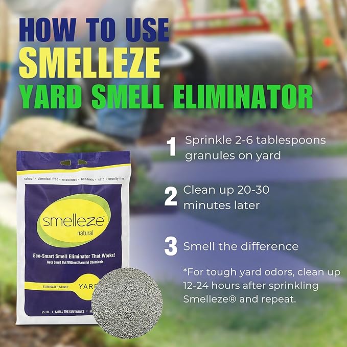 SMELLEZE 25 lb. Yard Odor Eliminator for Dogs – Long-Lasting Turf Cleaner for Pet Urine Outdoor & Poop | Safe for People, Pets, Plants & Planet | Works on Grass, Gravel, Patios & Kennels