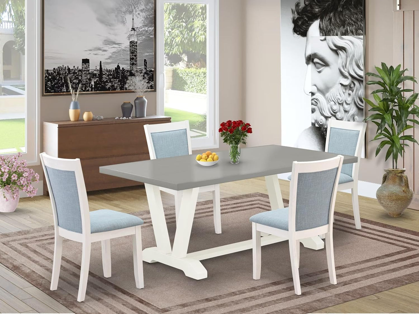 East West Furniture V097MZ015-5 5 Piece Kitchen Table Set for 4 Includes a Rectangle Dining Table with V-Legs and 4 Baby Blue Linen Fabric Parson Dining Chairs, 40x72 Inch, Multi-Color