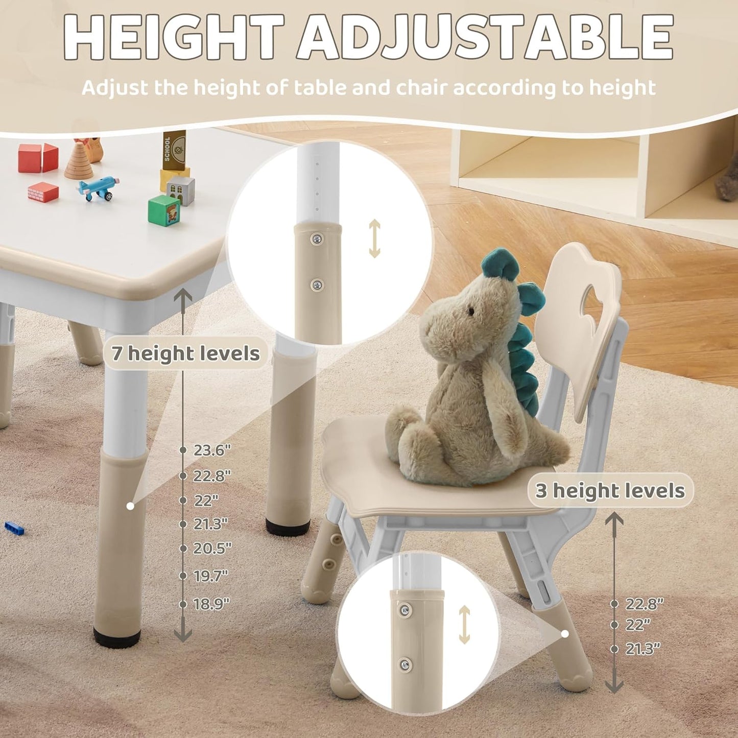Adjustable Kids Table & Chairs Set for Ages 3-8 | 31.5"x23.6" Easy-Clean Activity Table | Meets ASTM/CPSC Standards for Daycare, Homeschool & Playroom (Natural-Wood, 2 Chairs)