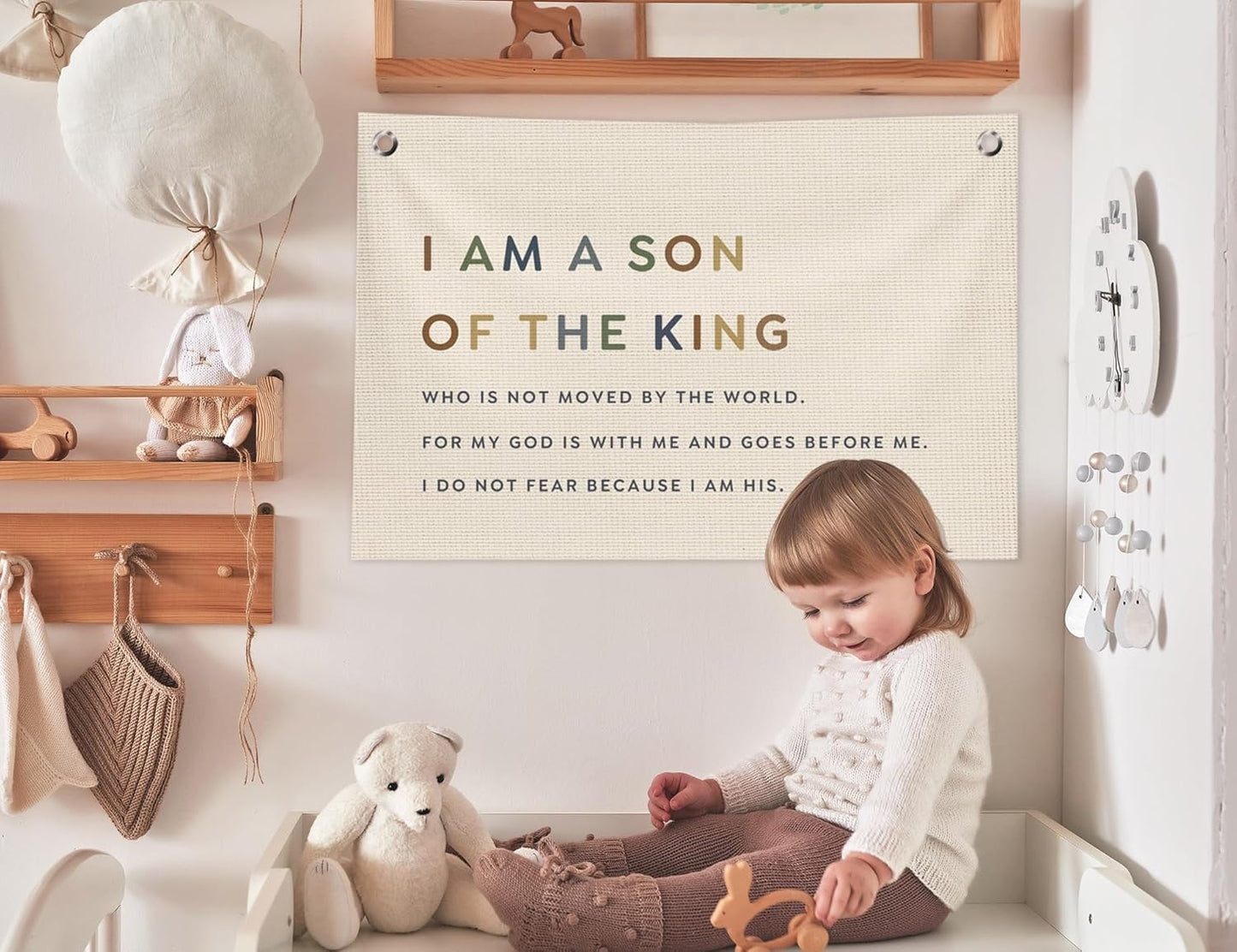 Christian Nursery Wall Decor, Boy Nursery Decor Canvas Banner,I Am a Son of the King Inspirational Hanging Banner Flag Wall Art Decor for Kids Baby Little Boys Room Bedroom Playroom,20x30 in