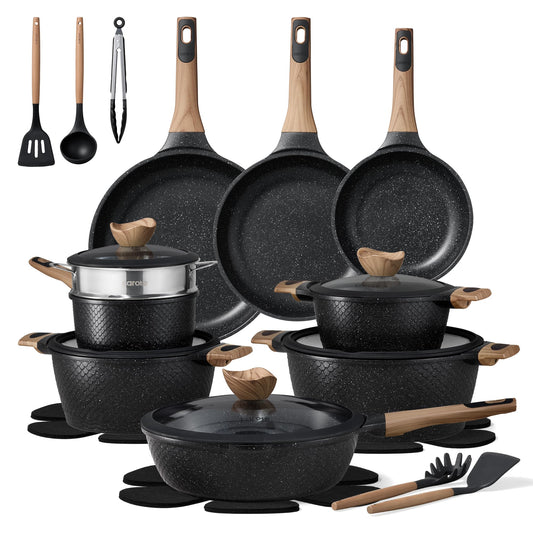 CAROTE 26PCS Pots and Pans Set Non Stick, Cookware Set Pots and Pans Induction Cook Ware, Nonstick Kitchen Cooking, PFOA Free, Black