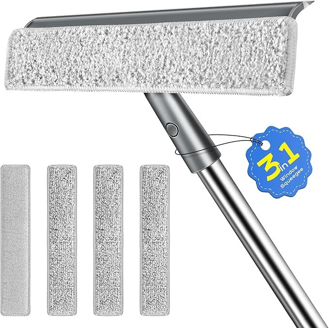 3 in 1 Window Squeegee for Home with 55" Lightweight Extension Poles Streak-Free Microfiber Scrubber for Outdoor/Indoor Windows, Shower Glass Door, Car Windshield, RV/Camper Windows