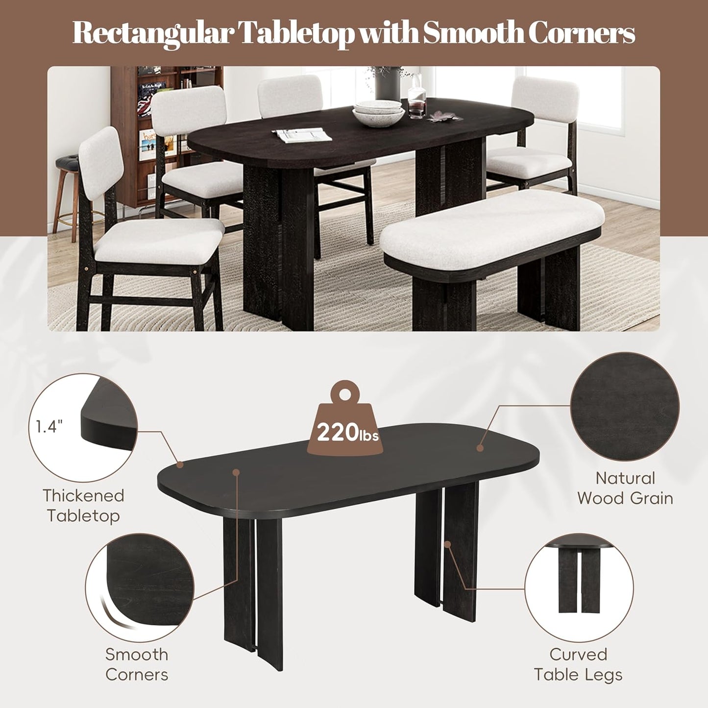 Merax Farmhouse Wooden Dining Set of 6, 65 Inch Rectangular Kitchen Table, Upholstered 4 Chairs with Backrest, Bench with Cushion, Easy Assemble, Espresso