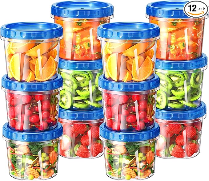 12 Pack-24 oz Freezer Storage Containers, Plastic Food Storage Containers with Twist Top Lids, BPA Free and Reusable Soup Containers with Lids, Leakproof/Microwave/Dishwasher Safe
