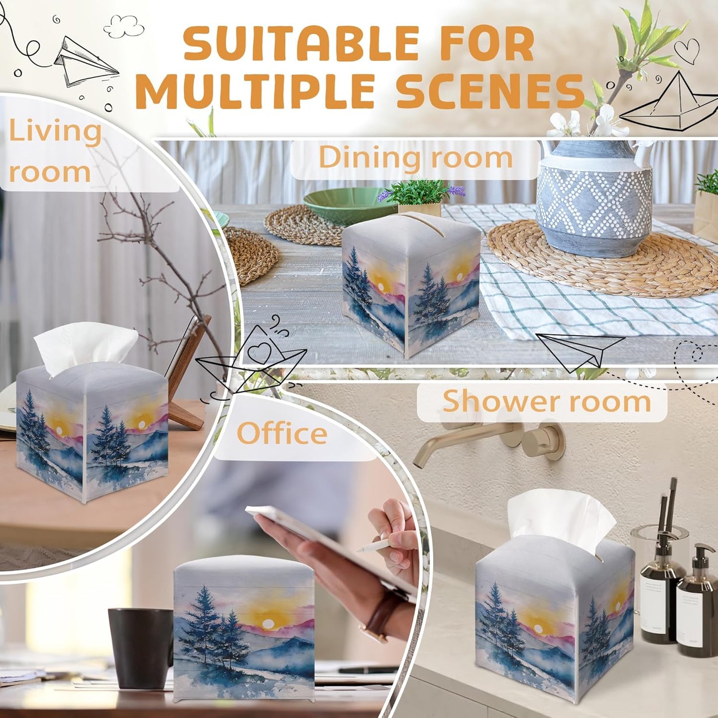 Winter Pine Tree Tissue Box Holder, Winter Forest Landscape Leather Tissue Box Cover Square, Paper Facial Decorative Tissues Cover for Night Stands Bathroom Kitchen Office Home Decor-B22