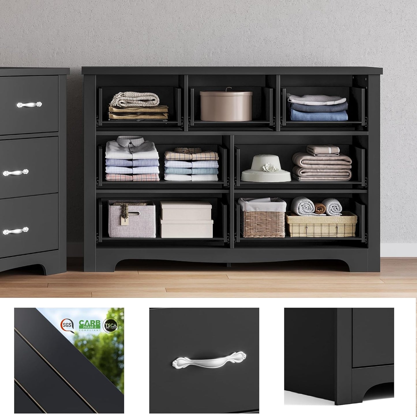 LINSY HOME 7 Drawers Dresser for Bedroom, 47" Wide Rustic Wood Dressers & Chests of Drawers, Modern Storage Dresser with Antique Handles for Closet, Living Room, Hallway, Black