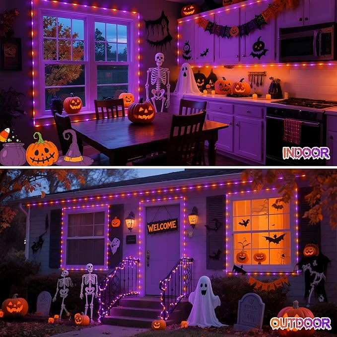 JMEXSUSS 2 Pack Orange and Purple Battery Operated Halloween String Lights Outdoor Warterproof Total 200LED 8 Modes Battery Powered Rope Lights Outdoor with Remote for Halloween Decor
