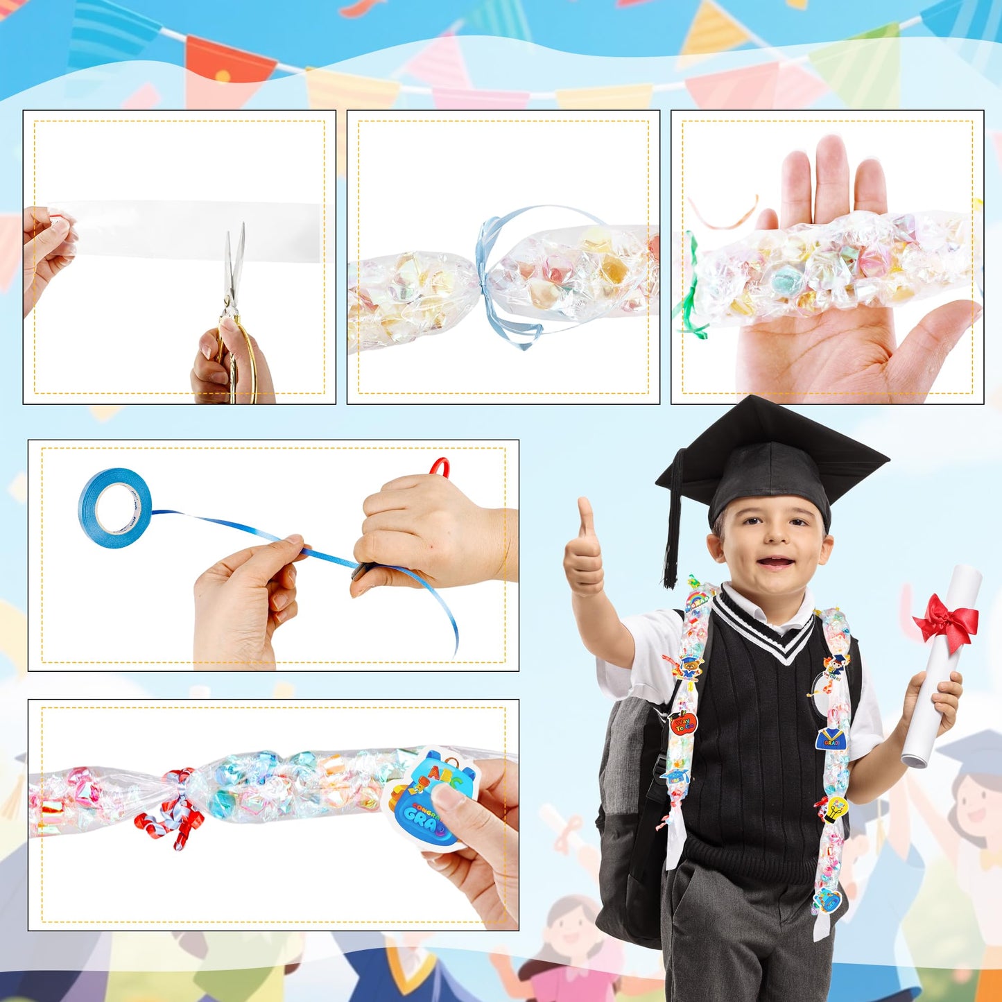 Barblog 220 Pcs Kids Preschool Graduation Candy Lei Making Kit Including 20 Candy Lei Tubing 160 Graduation Paper Cut 30 Rolls Ribbons 10 Sticky Dots for Kindergarten Graduation Party (Pink Set)