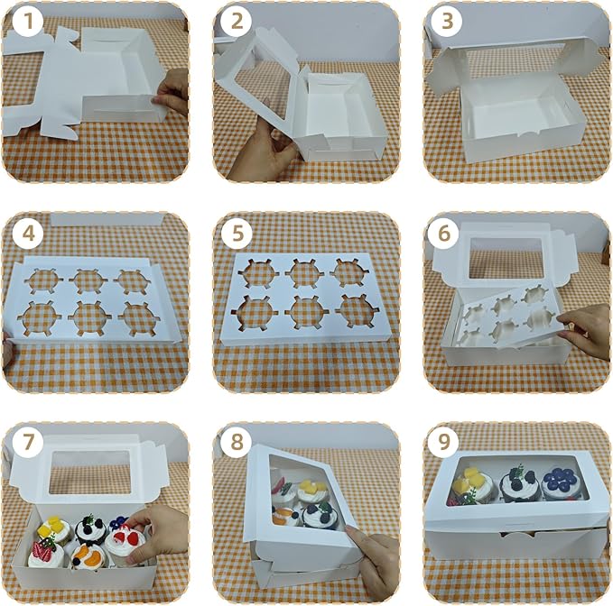 Cupcake Boxes 6 Count, Disposable Cupcake Containers, Food Grade Carrier with Window and Inserts for Cupcakes Muffins Cookies Pastries Donuts (White, 30 Pack)