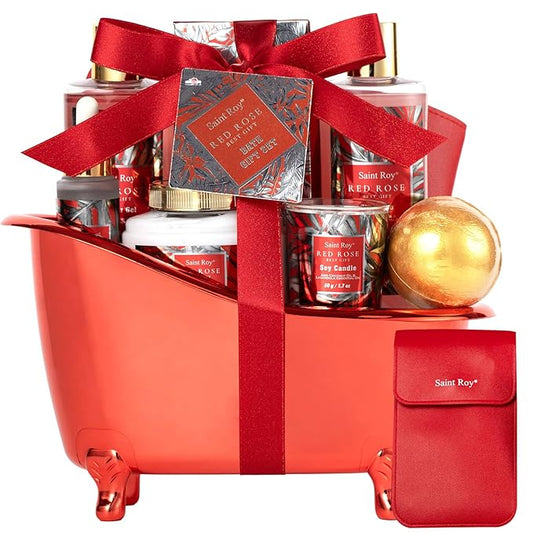 Christmas Spa Gift Set For Women, Birthday Gifts for Her, Spa Gift Basket for Women, Red Rose Bath and Body in Floral Scents Bath Kits, Home Spa Gift Basket, Bath Spa Kit for Mothers day Bath Lotion
