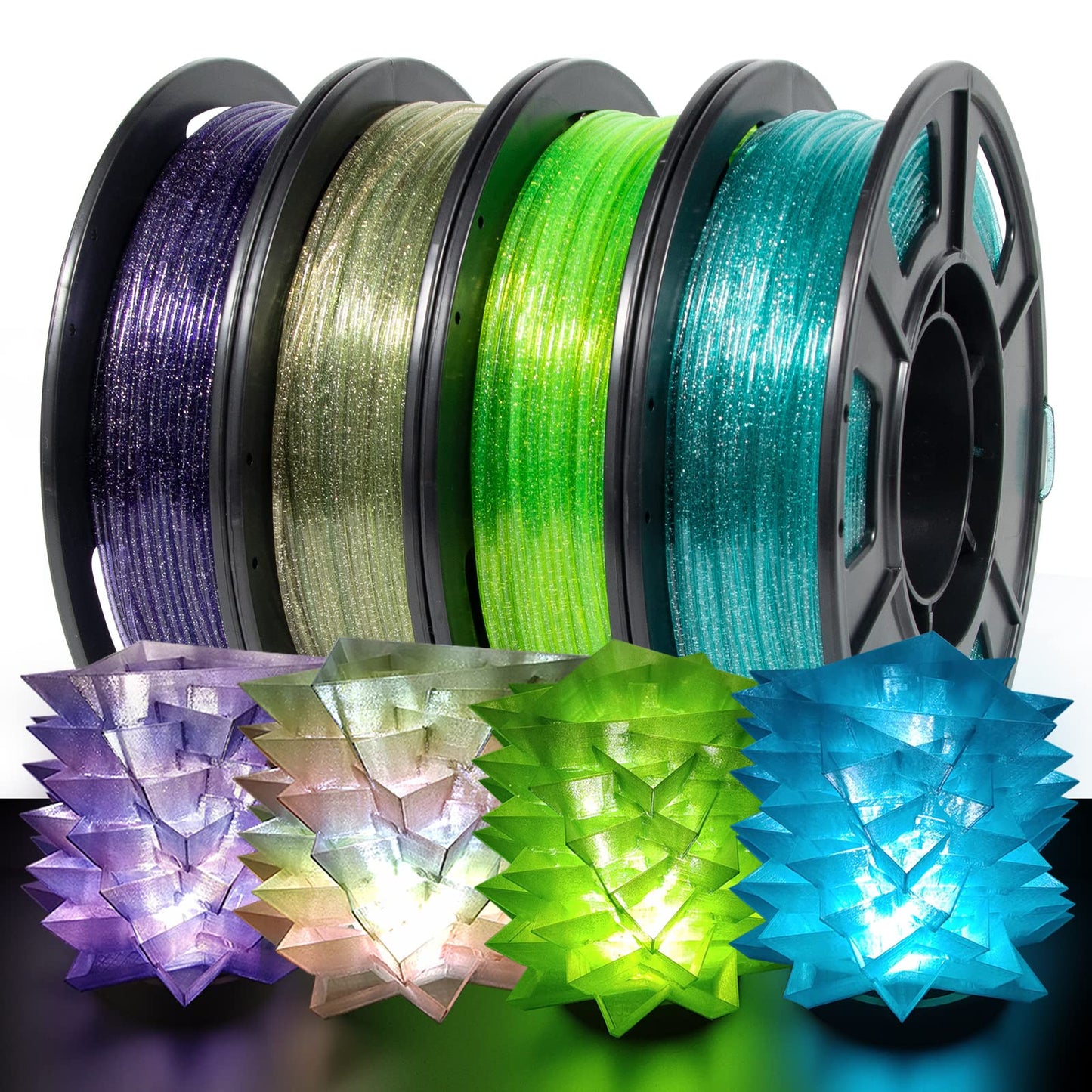 IEMAI Glitter PETG Filament 1.75mm Bundle, Sparkle Galaxy Transparent 3D Printer Filament 250gx4 Spools Rainbow/Blue/Green/Blue-