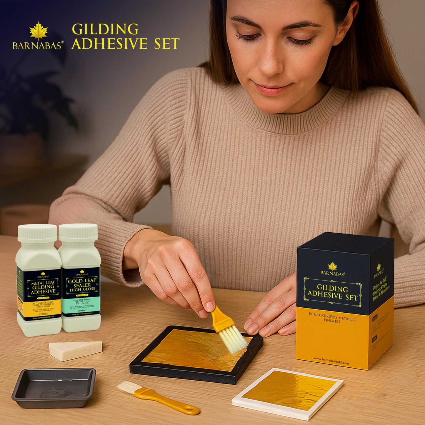 Barnabas Gold Leaf Kit – 25 Gold Foil Sheets, 100ml Gilding Adhesive, 100ml Sealer, 20ml Gold Paint, Brushes, Tools & Gloves for Crafts, Art, Furniture, and Decorative Projects