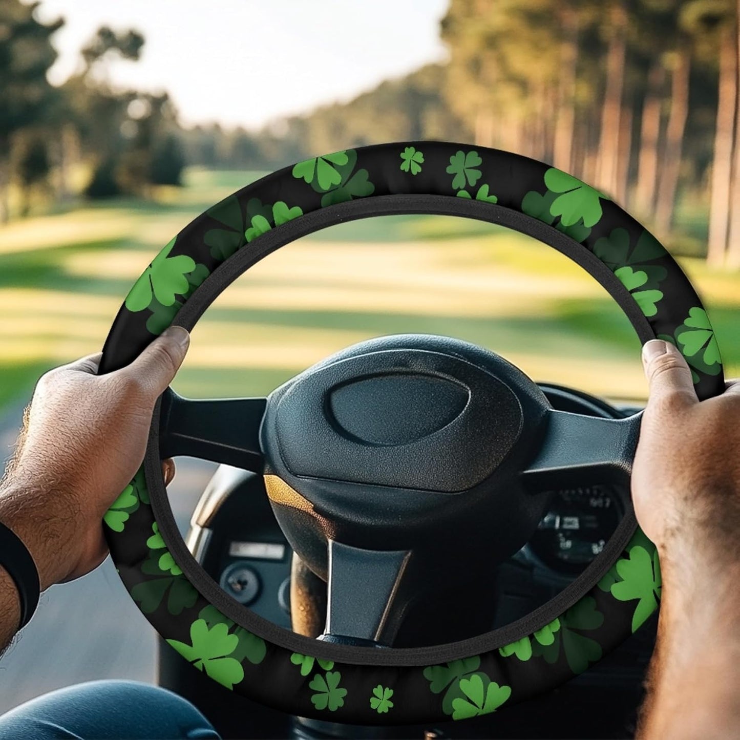 St. Patrick's Day Golf Cart Steering Wheel Protector Cover Green Leaves Golf Cart Steering Wheel Covers Fit 13-14 Inch Car Steering Wheel Covers for Club Car Decor