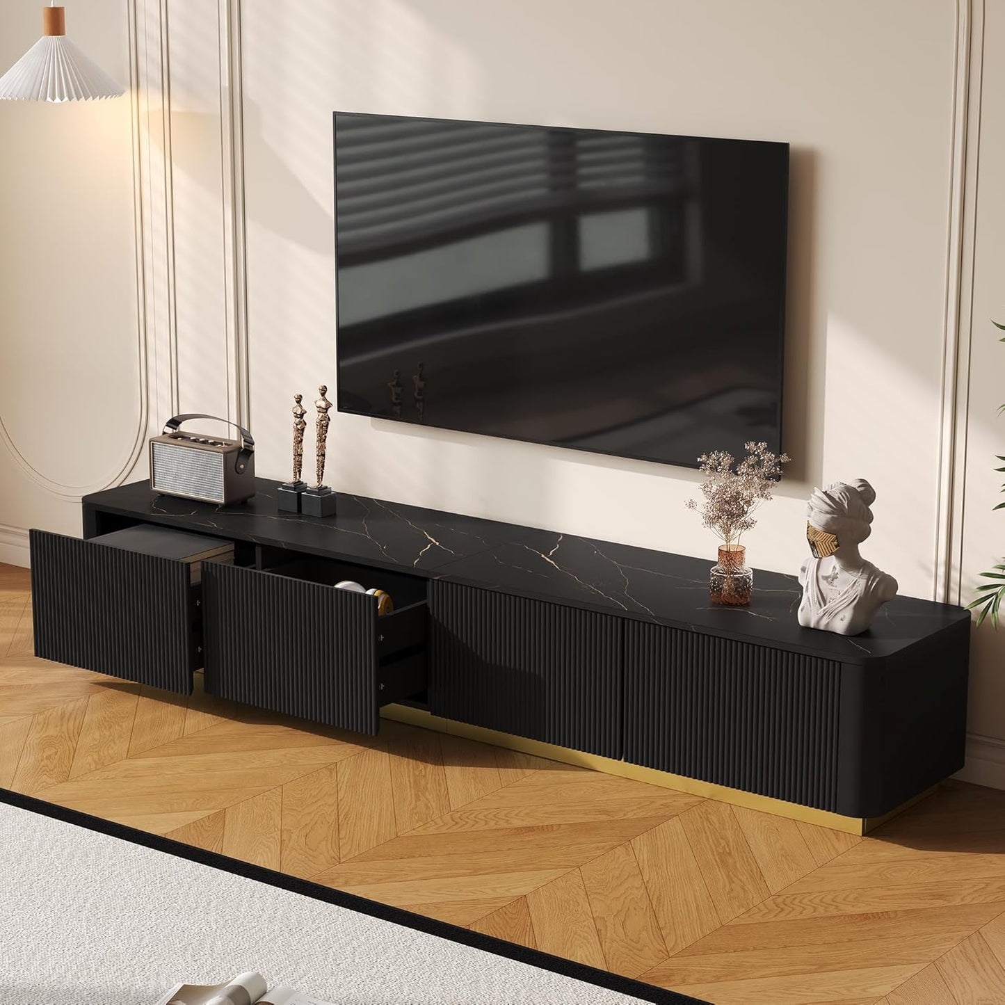 Merax Modern Wood TV Stand for TVs Up to 85'', Faux Marble Tabletop Entertainment Center with Storage Drawers, Practical Media Console for Living Room, Bedroom, Black