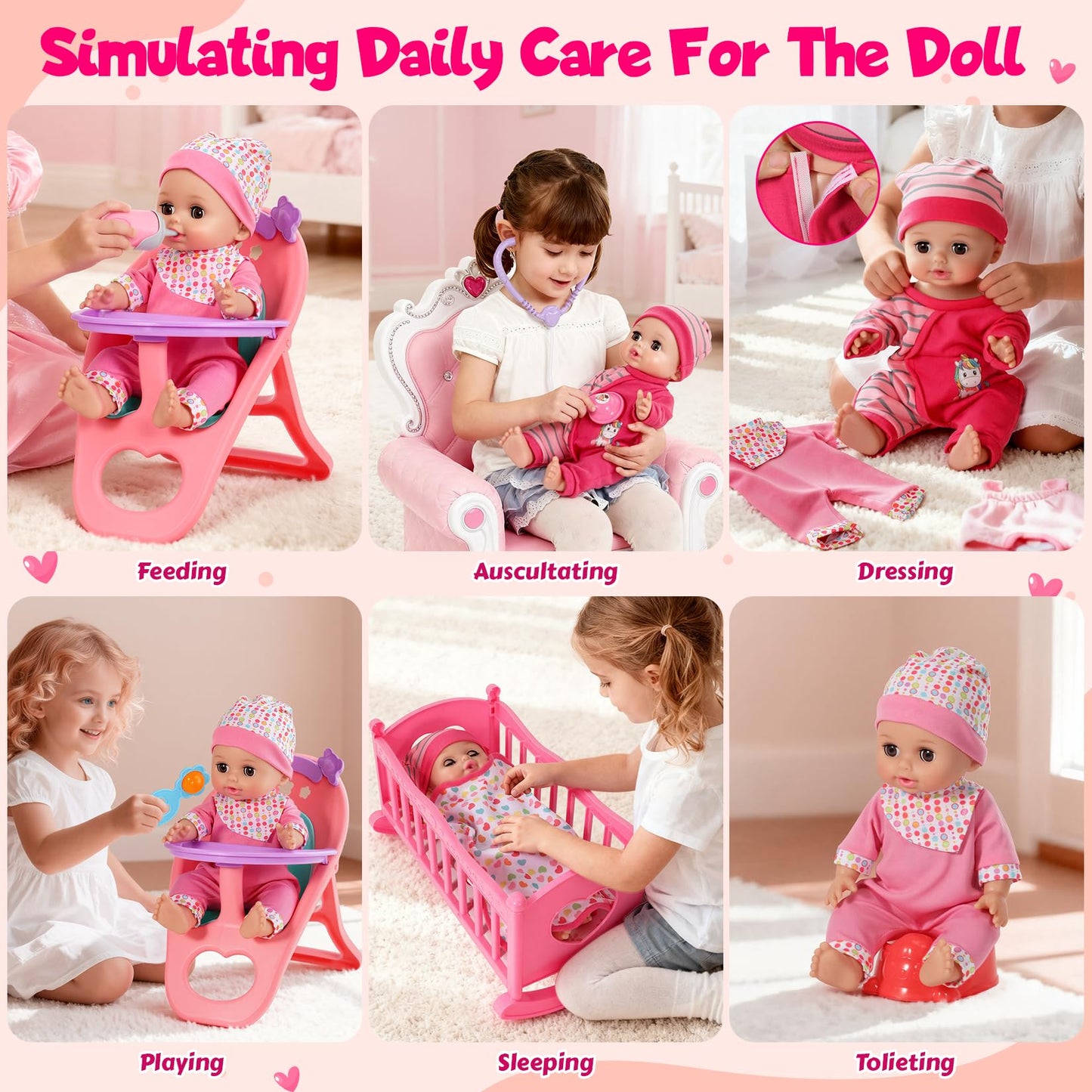 DRAMATION 12'' Interactive Baby Doll Set with Crib and High Chair, 32 PCS Baby Doll Toys Speaking 12 Sounds with Baby Doll Accessories, Doll Playset for Toddler Girl Toys Gifts 3 4 5 Years Old