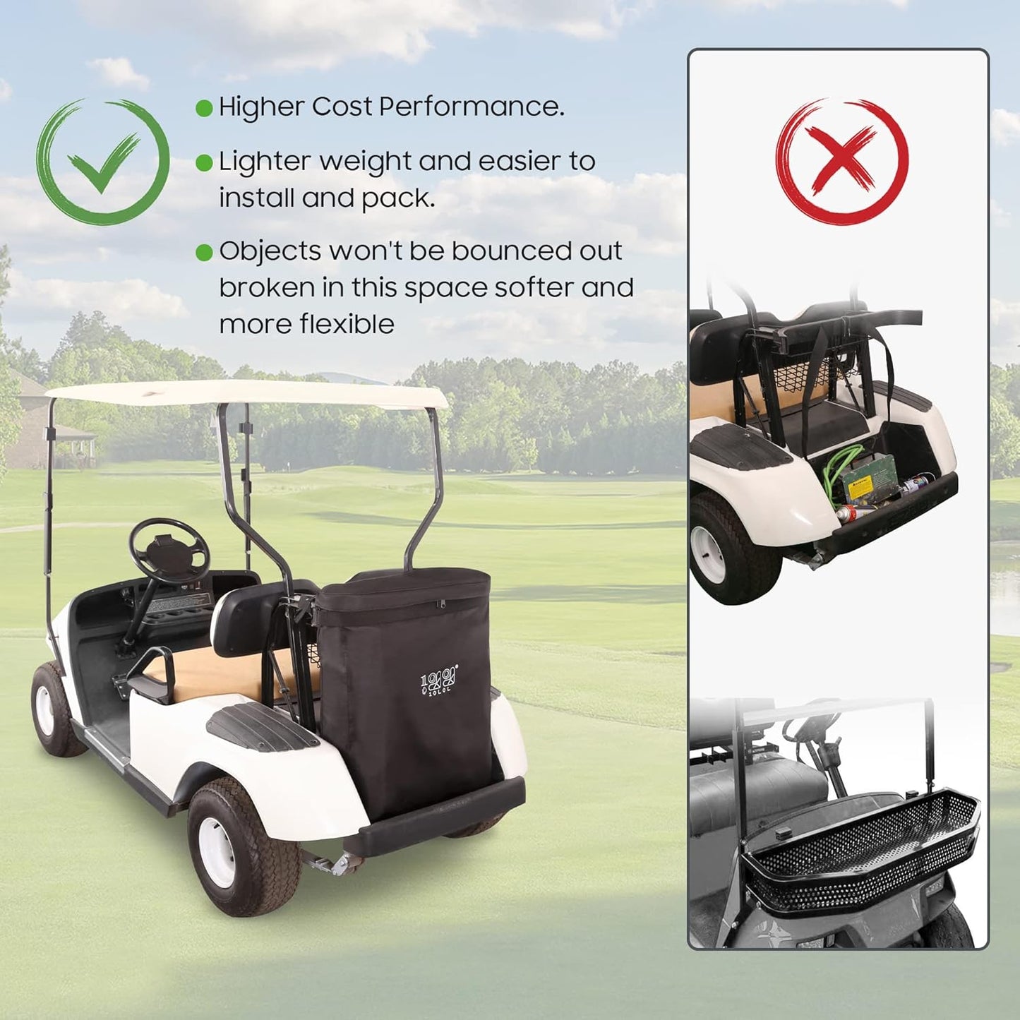 10L0L Golf Cart Cargo Bag for 2 Passenger Golf Carts, Storage Grocery Shopping Bag for EZGO TXT/RXV, Club Car DS/Precedent, Yamaha Golf Cart