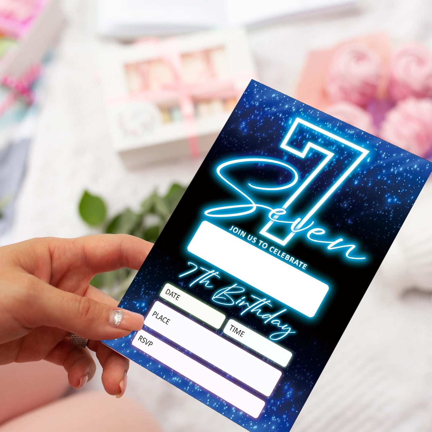 SIXEIGHT Blue 7th Birthday Invitations for Boys, Neon Glow Party Invitations for Girls Kids, 20 Pack Double Sided Invite Cards with Envelopes, 7th Glow Neon Birthday Party Decorations, 4x6 Inch-C07