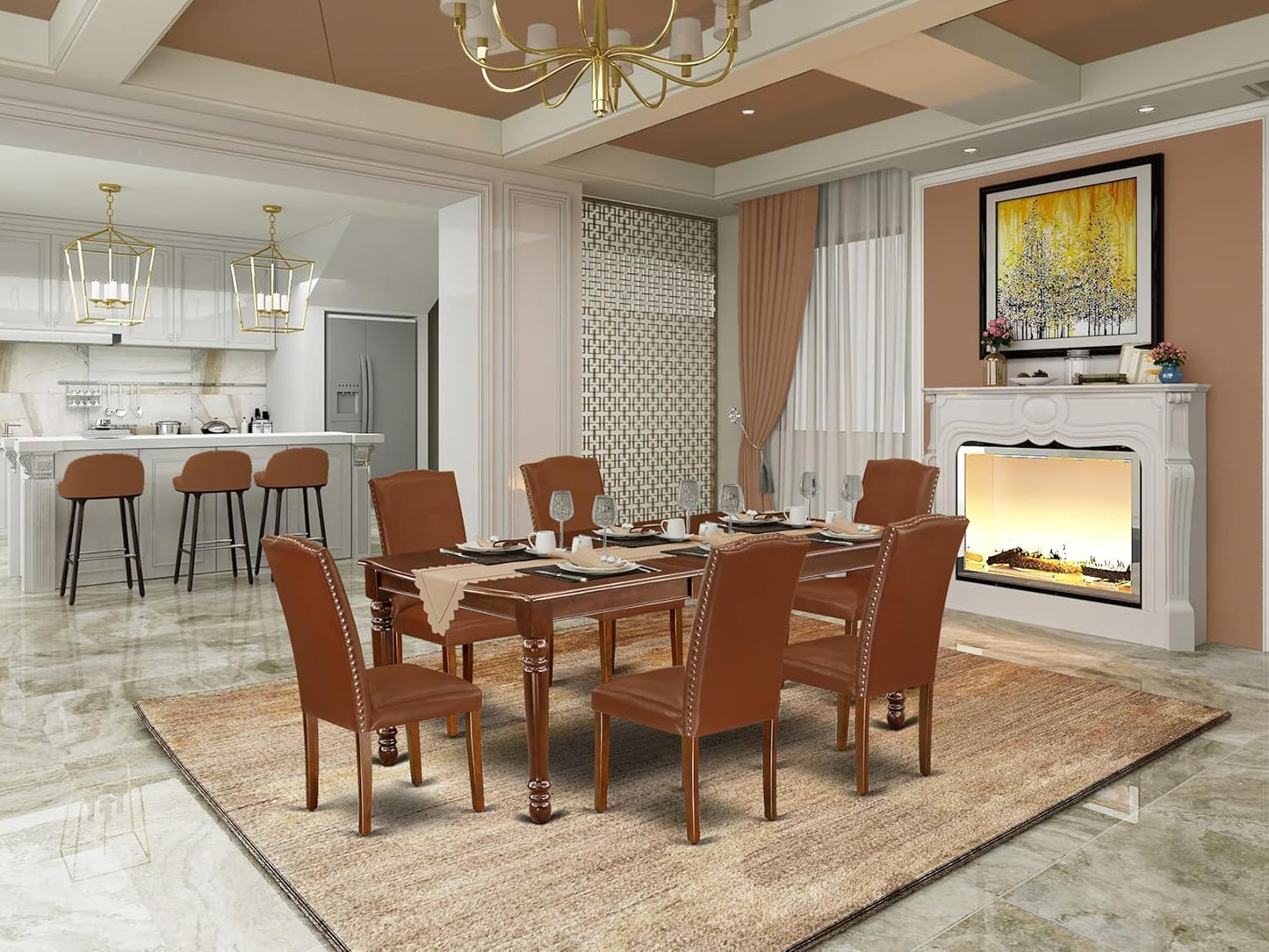 East West Furniture DOEN7-MAH-66 7 Piece Dining Table Set Consist of a Rectangle Dining Room Table with Butterfly Leaf and 6 Brown Faux Faux Leather Parson Chairs, 42x78 Inch, Mahogany