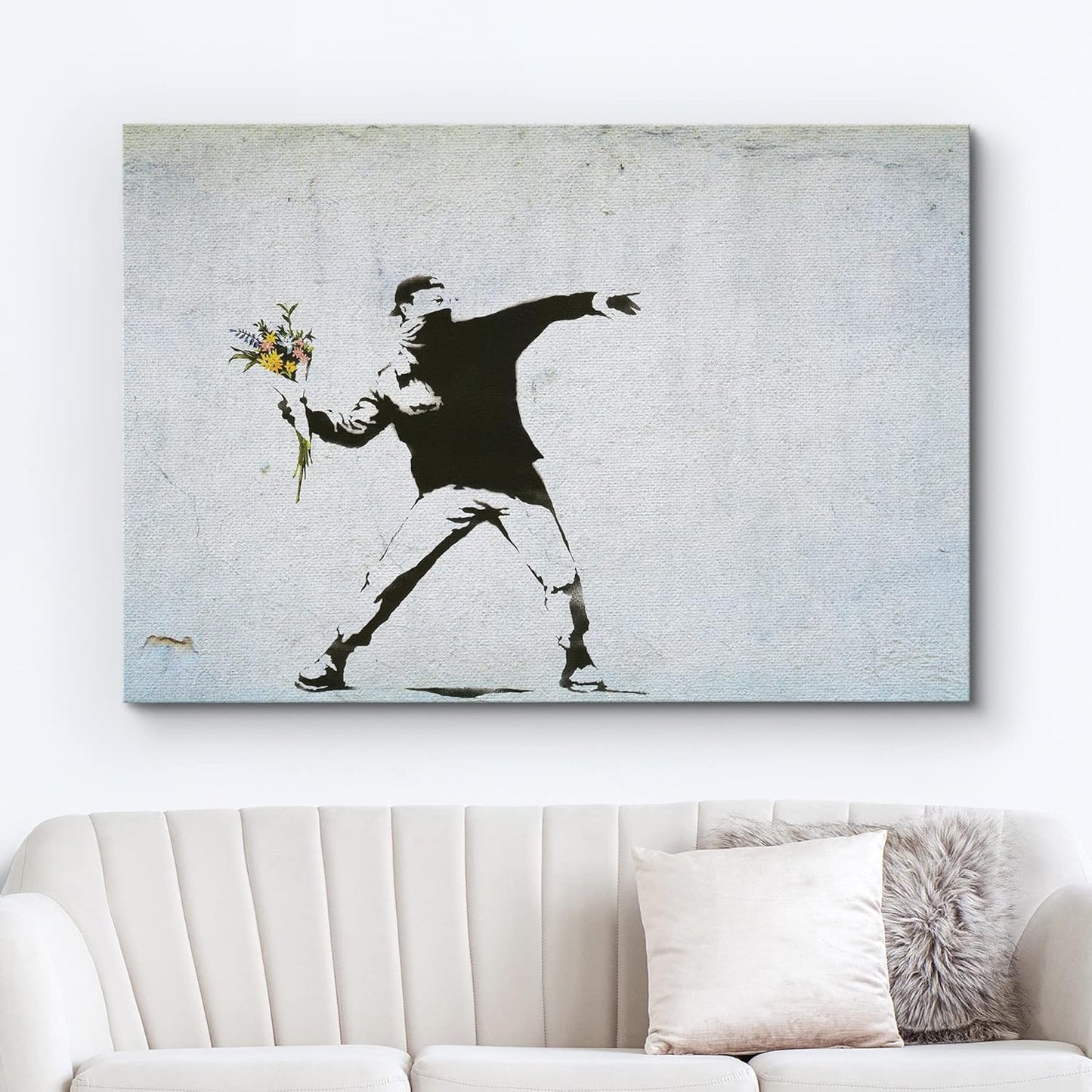 wall26 Canvas Print Wall Art Banksy Man Throws Yellow Flower Bouquet Graffiti & Street Art Pop Culture Illustrations Pop Art Bohemian Multicolor Dark for Living Room, Bedroom, Office - 32"x48"