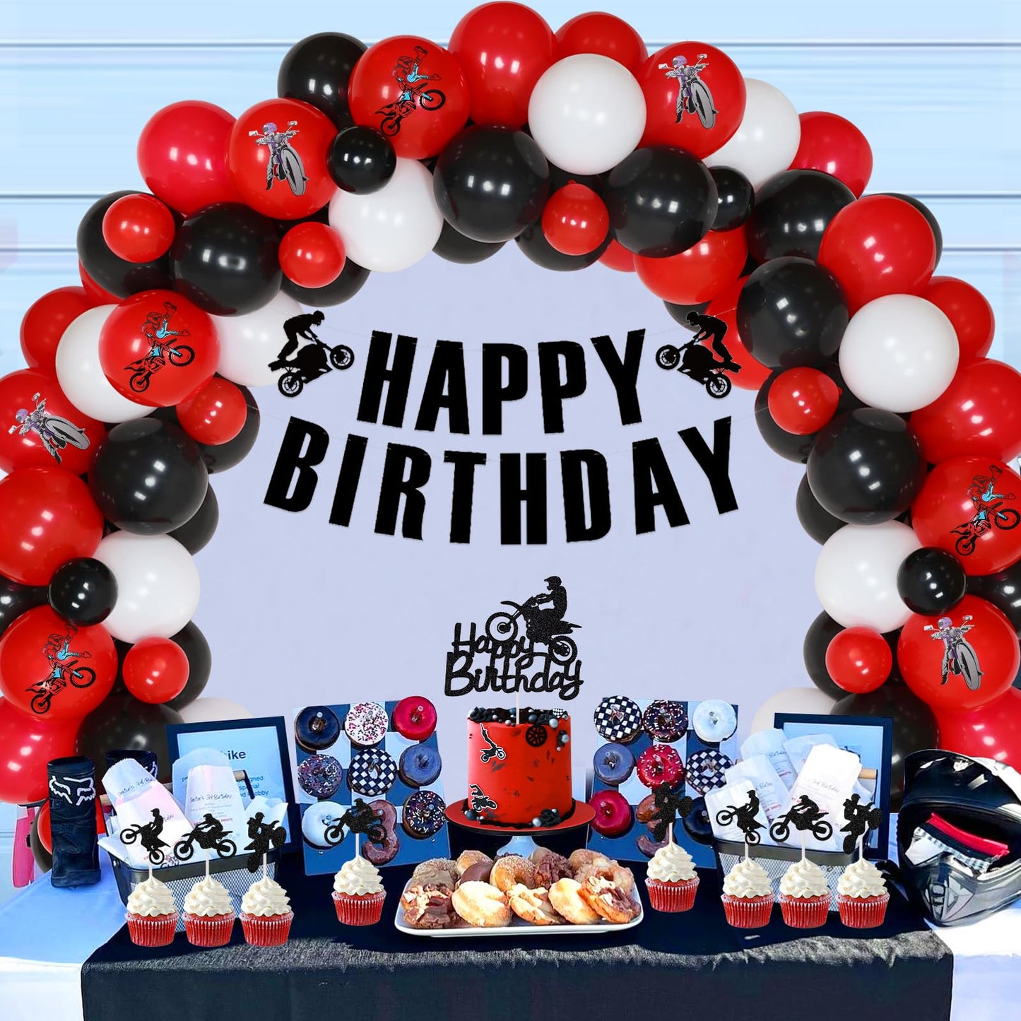 JOYMEMO Dirt Bike Birthday Decorations for Boys - Red Black Balloon Garland Arch Kit with Happy Birthday Banner Cake Topper, Motorcycle Cupcake Toppers for Motocross Theme Party Supplies