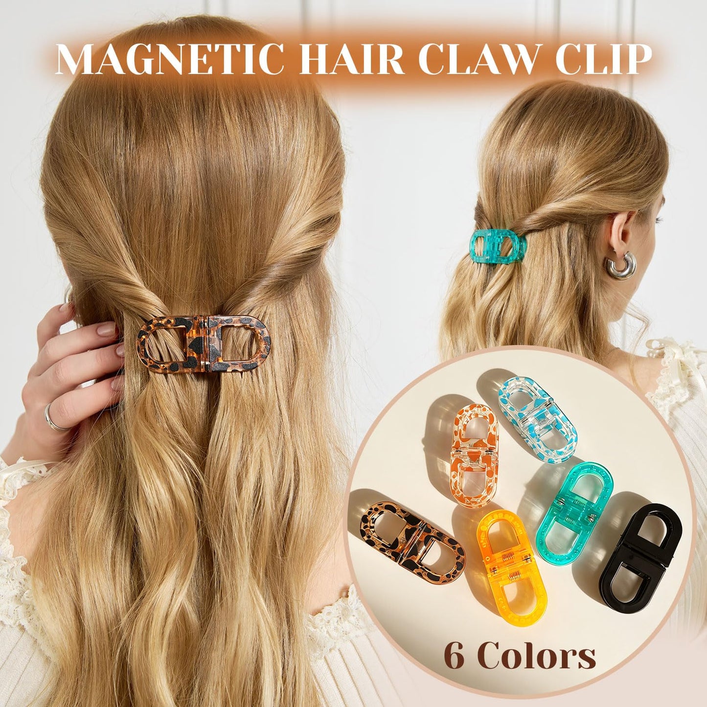 RCZETC Magnetic Hair Clips 2-Pack | Hair Clips for Styling & Thick Hair | Claw Clips & Barrettes for Women | Strong Hold Non-Slip No-Crease Hair Barrettes（Blue + Orange）