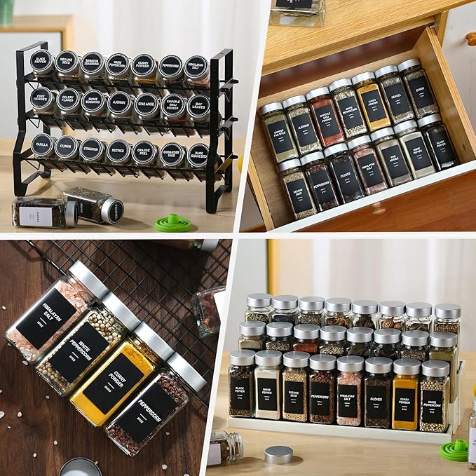 36 Glass Storage Jars- Spice Jars with Label-4oz Spice Containers with Shaker Lids，Silvery Lids,3 Sets of Spice Labels for Spice Rack, (36)