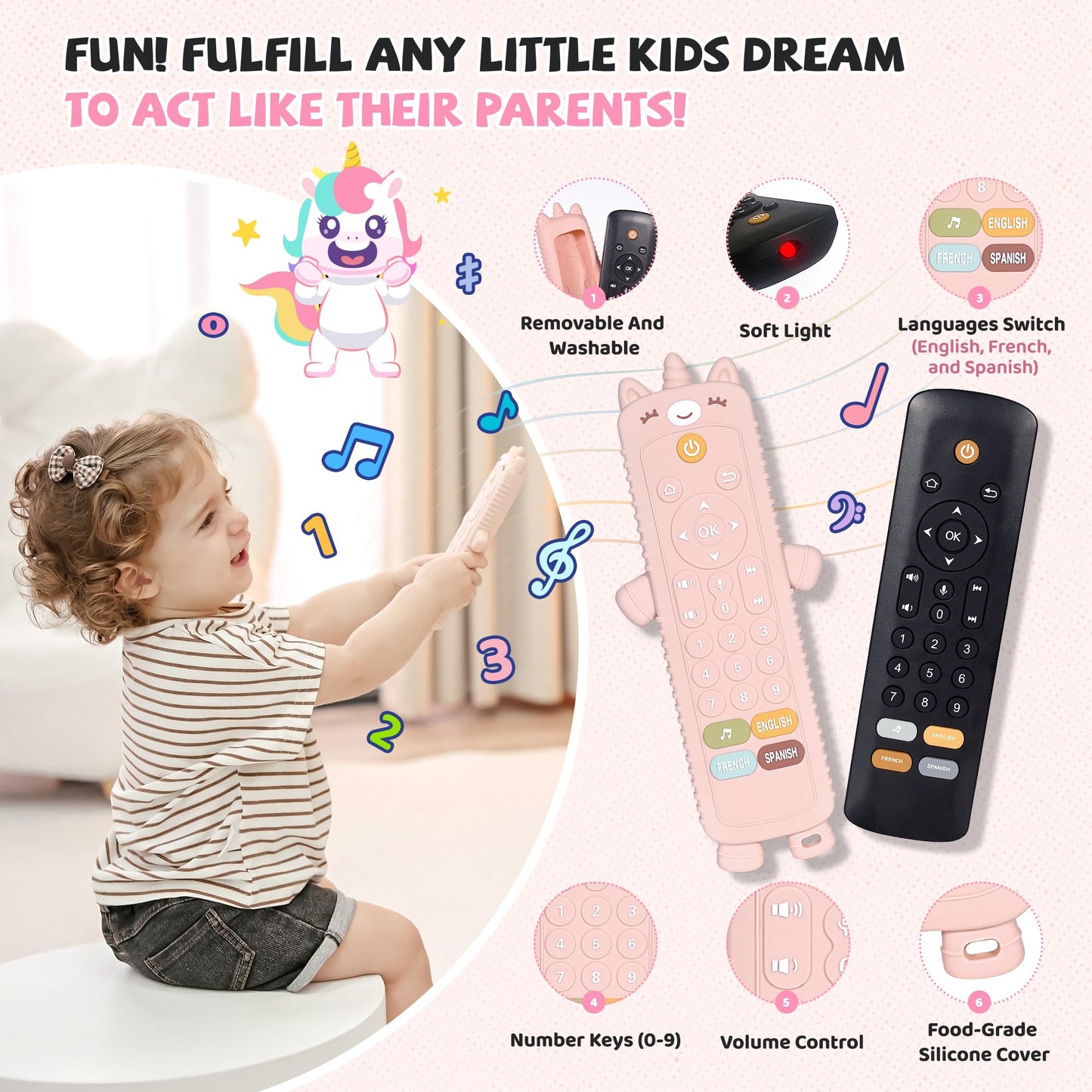 KIRALUMI Baby Remote Control Toy with Silicone Teether Cover - Baby Musical Toys, Early Number Learning in 3 Languages (English, Spanish & French), Preschool Infant Girl Toys 6, 9, 12, 18 Month.