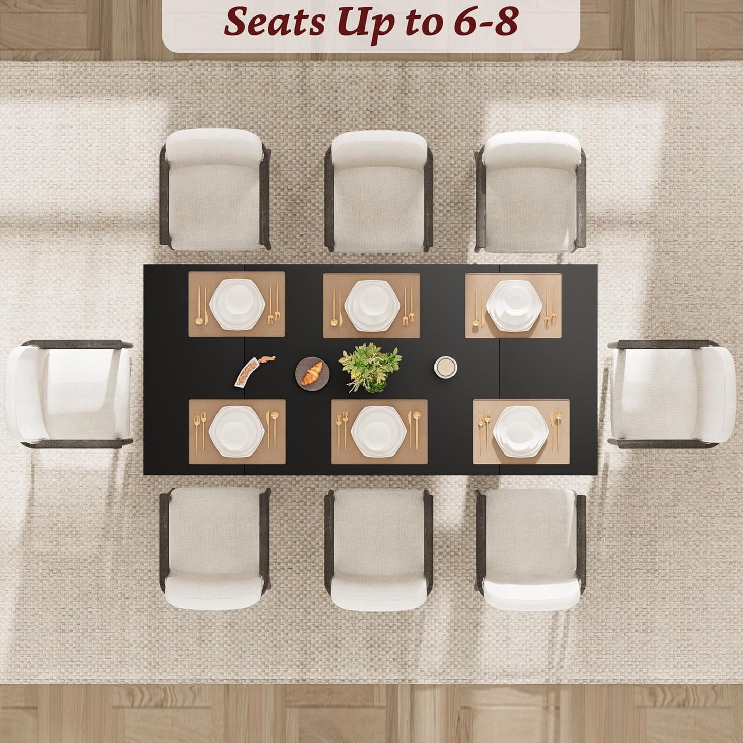 71" Dining Table for 6 to 8 People, Modern Dinner Table with Unique Wooden Legs, Rectangle Dining Table for Kitchen, Dining Room & Living Room, Black