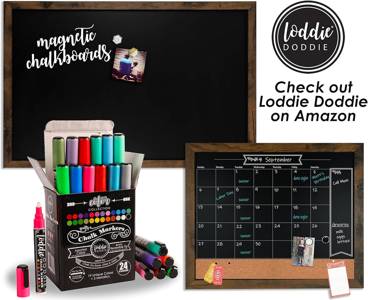 Loddie Doddie Magnetic Chalkboard Sign - 11" x 14" White Frame - Magnetic Wall Board & Magnet Display for Photos - Easy-Erase Chalkboard Message Center