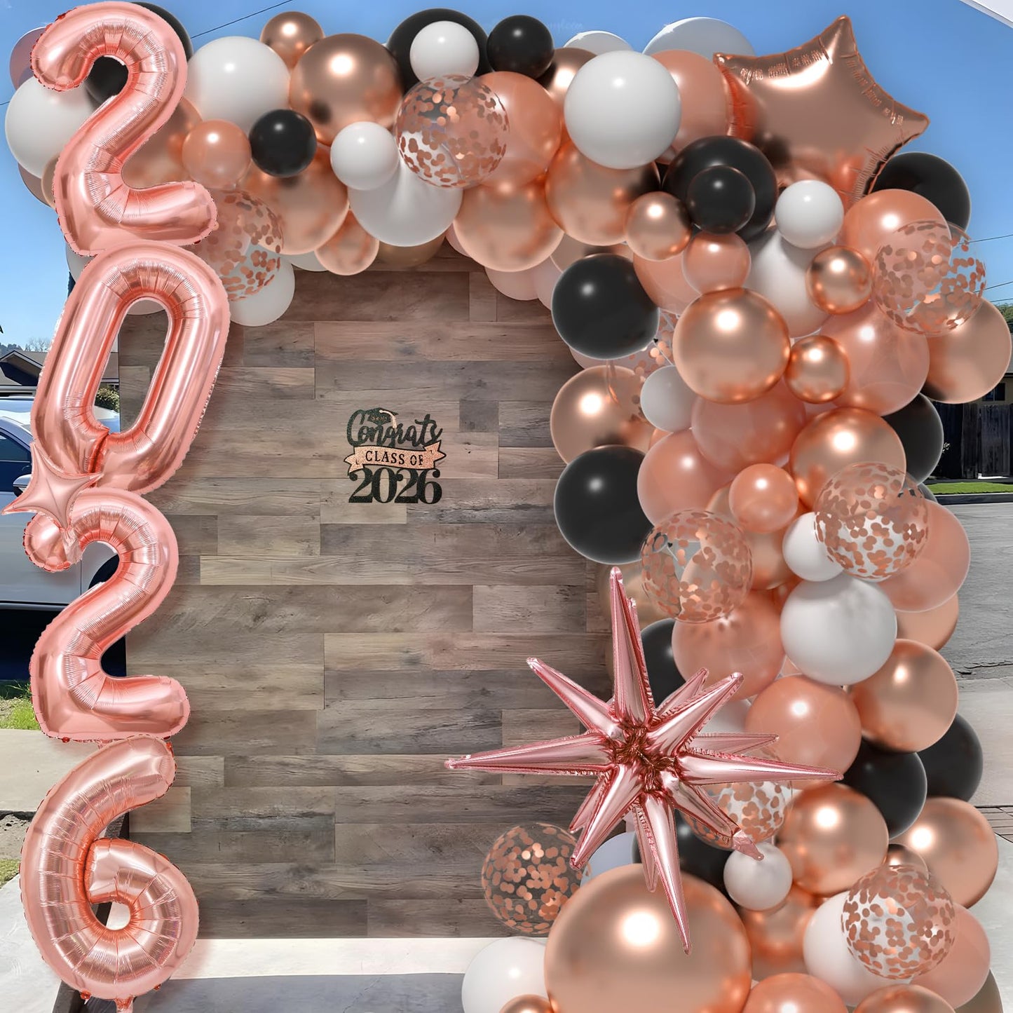 Graduation Balloon Garland Arch Kit for Graduation Decorations Class of 2026 - Rose Gold Black and White Balloons Different Sizes 5 12 18 Inch GraduationBalloons Arch for Grad Party Supplies