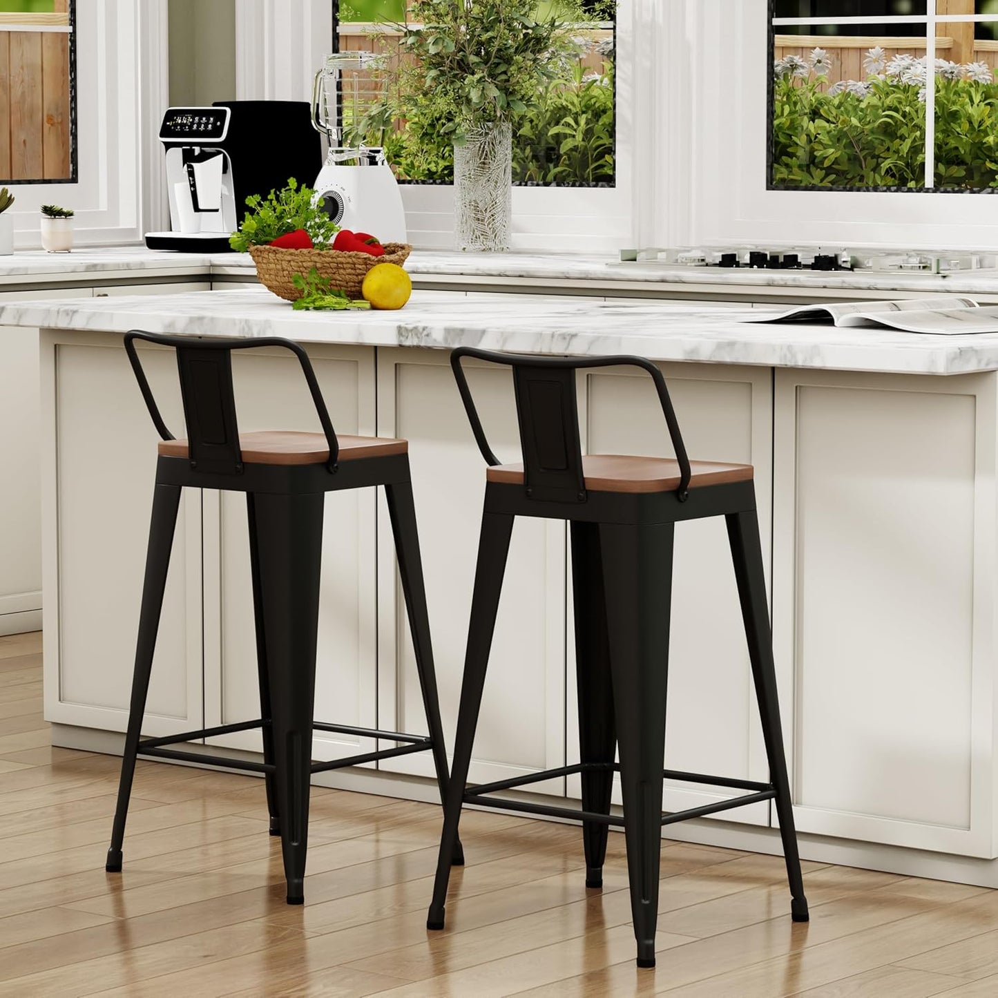 WENTMENT Metal Bar Stools Set of 2 Counter Height Barstools with Removable Back 24" Kitchen Bar Stools with Wooden Seat, Black