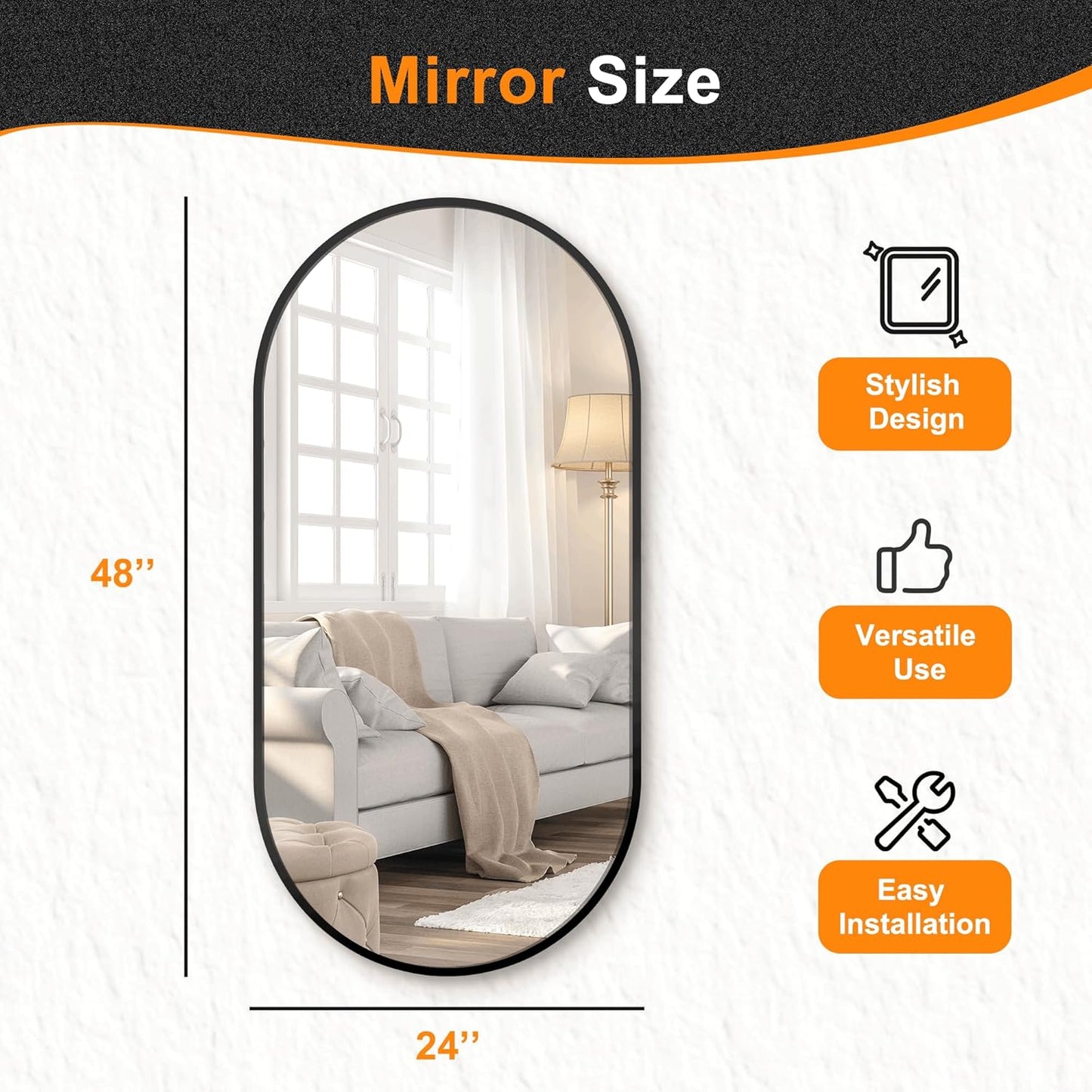 Delma Bathroom Wall Full Length Mirror for Wall, 48''x24'', Gold Oval for Bedroom Entryway Bathroom, Metal Framed Vanity(48''x24'',Black)