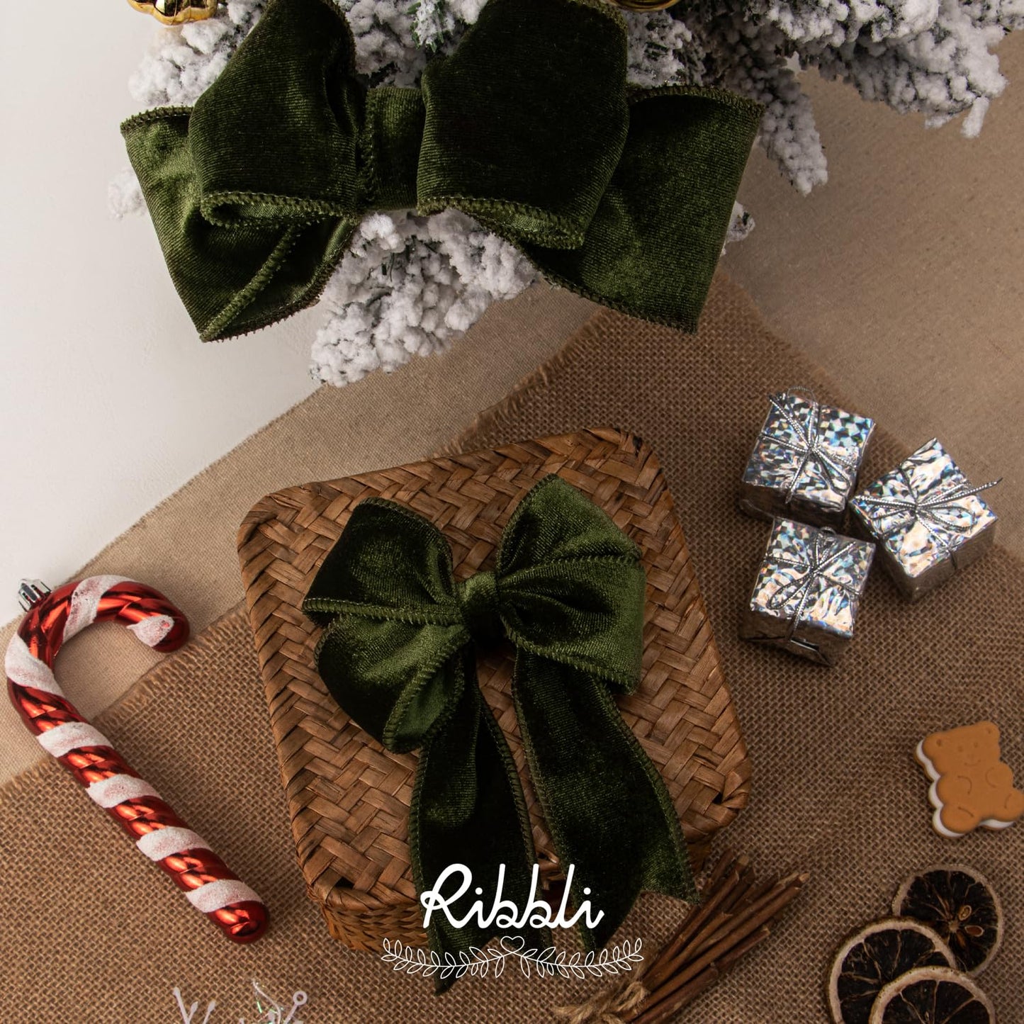 Ribbli Moss Green Velvet Wired Ribbon 2.5 Inch Velvet with Satin Christmas Ribbon for Gift Wrapping Christmas Tree Decoration Crafts Wreaths Supplies-Continuous 10 Yards