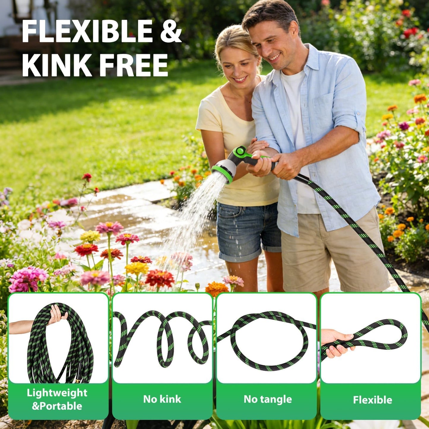 Ahititi Garden Hose 50 ft Water Hose Flexible Non-Expandable Outdoor Heavy Duty Lightweight Leakproof Kink-free flex Watering Hose Pipe for 3/4 inch Fitting Yard Lawn Outside Car Wash