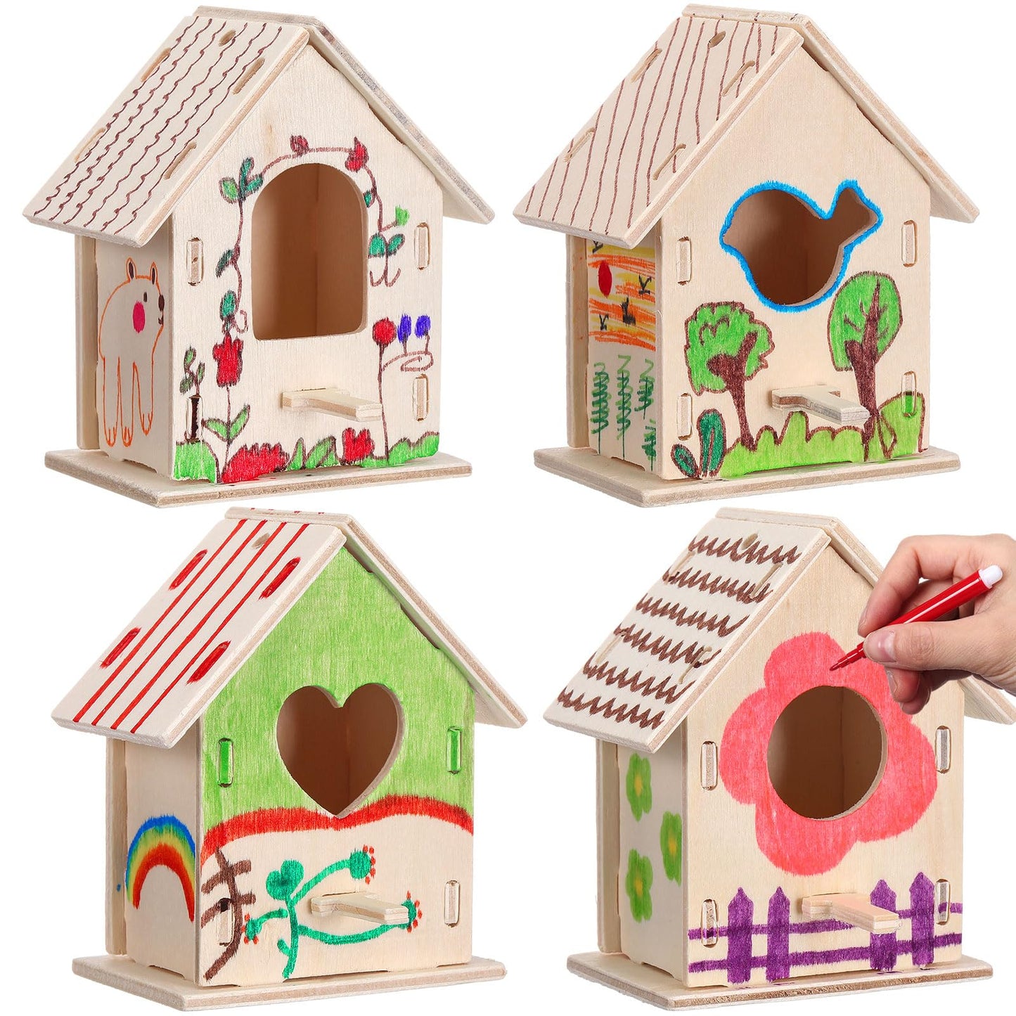 Outus 24 Pcs Wooden DIY Birdhouse Kits for Kids to Build, 4 Shapes Birdhouse Kit Wooden Unfinished with Butterfly Sticker for Boy Girl Arts Crafts(Lovely)