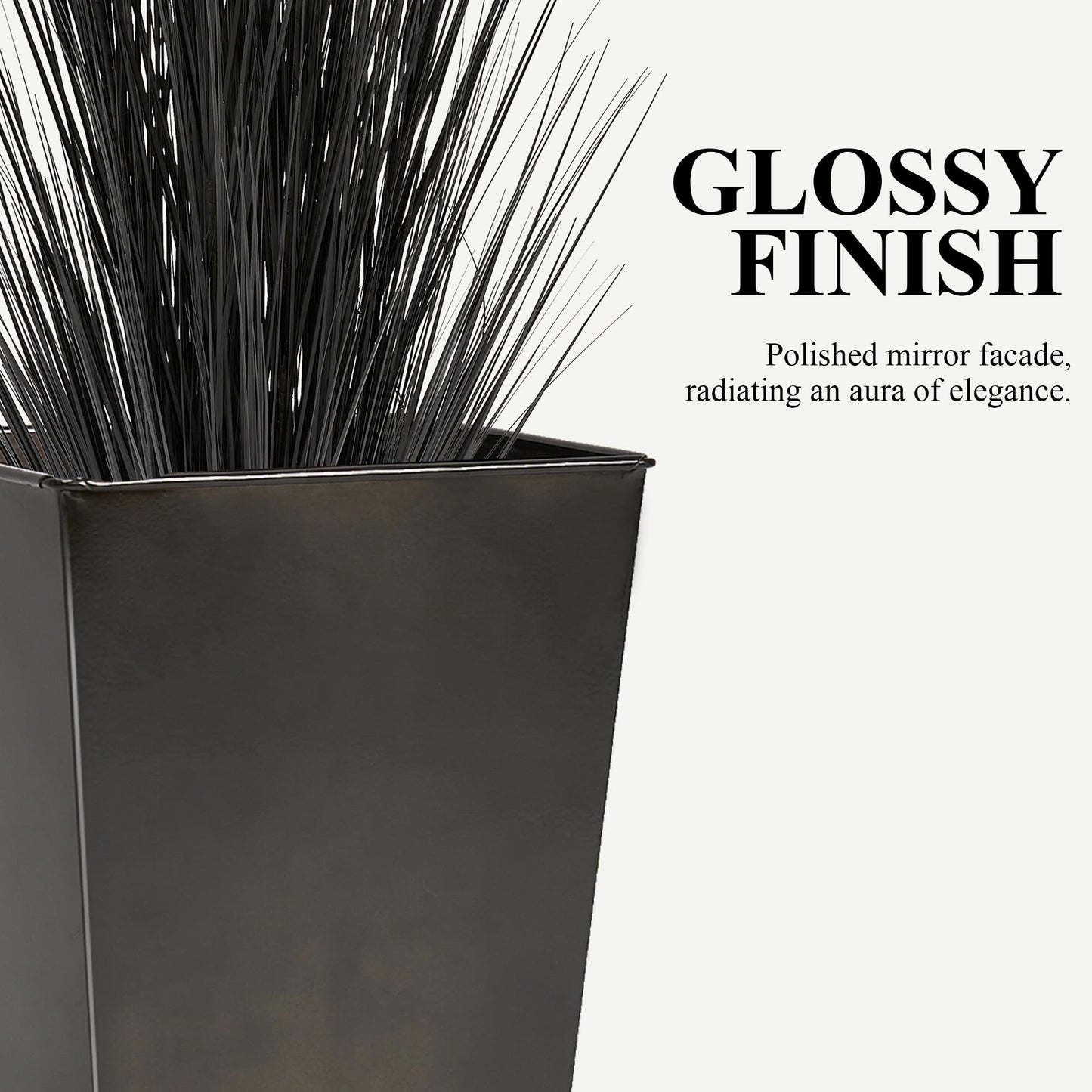 Worth Garden Large Metal Glazed Floor Planter Set of 2-14" Dia x 18" H - Luxurious Glossy Finish Black Tall Square Tapered Steel Plant Pots, Decor Flower Pot Indoor & Outdoor, Drainage Hole