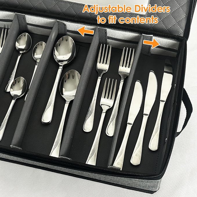 VERONLY Flatware Storage Case, Silverware Storage Box Chest with Dividers, 5 Compartment Cutlery Holder, Light Gray