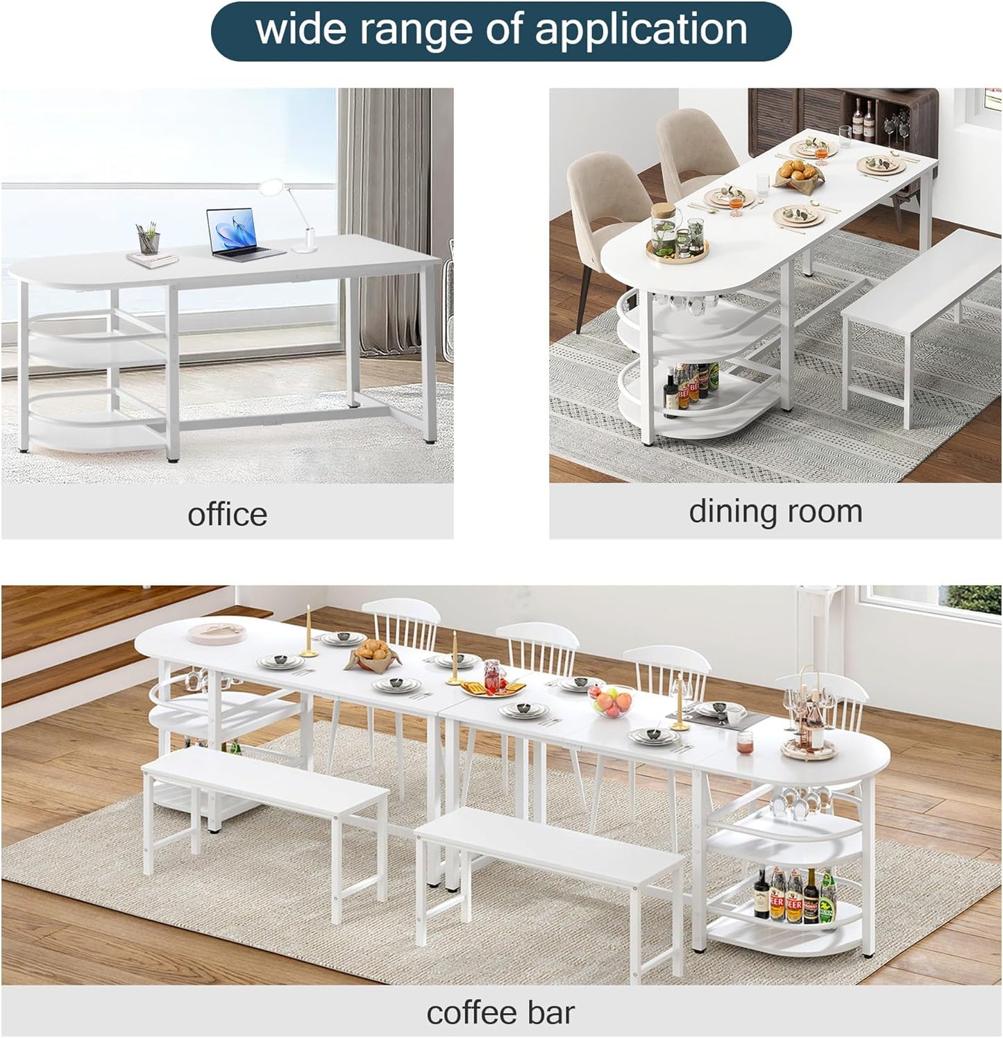 soges Dining Table for 4-6 Person, 71 inch Long Kitchen Dining Table for Living Room and Dining Room, Dinner Table with Storage Shelf & Cup Holder, Metal Legs(Only Table), White