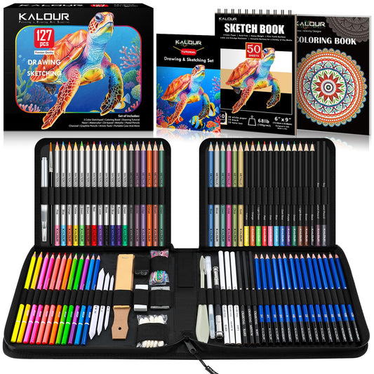 KALOUR PDAS 127 Drawing Set Sketching Kit, Pro Art Supplies with 3-Color Sketchbook & Coloring Book, Neon, Colored, Watercolor, Metallic, Graphite, Charcoal Pencils, Gift for Artists Adults Teens